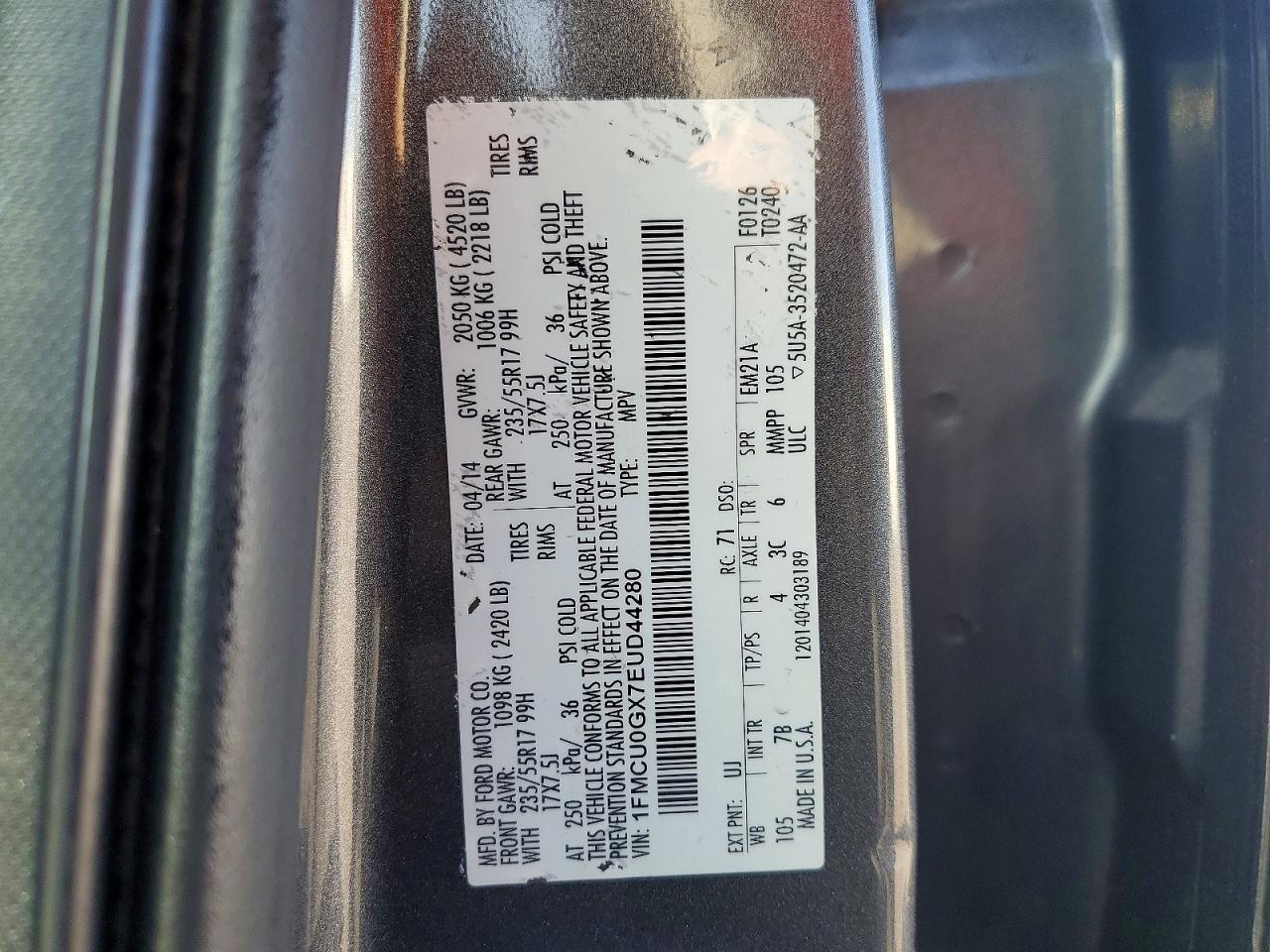 2014 Ford Escape Se Charcoal vin: 1FMCU0GX7EUD44280