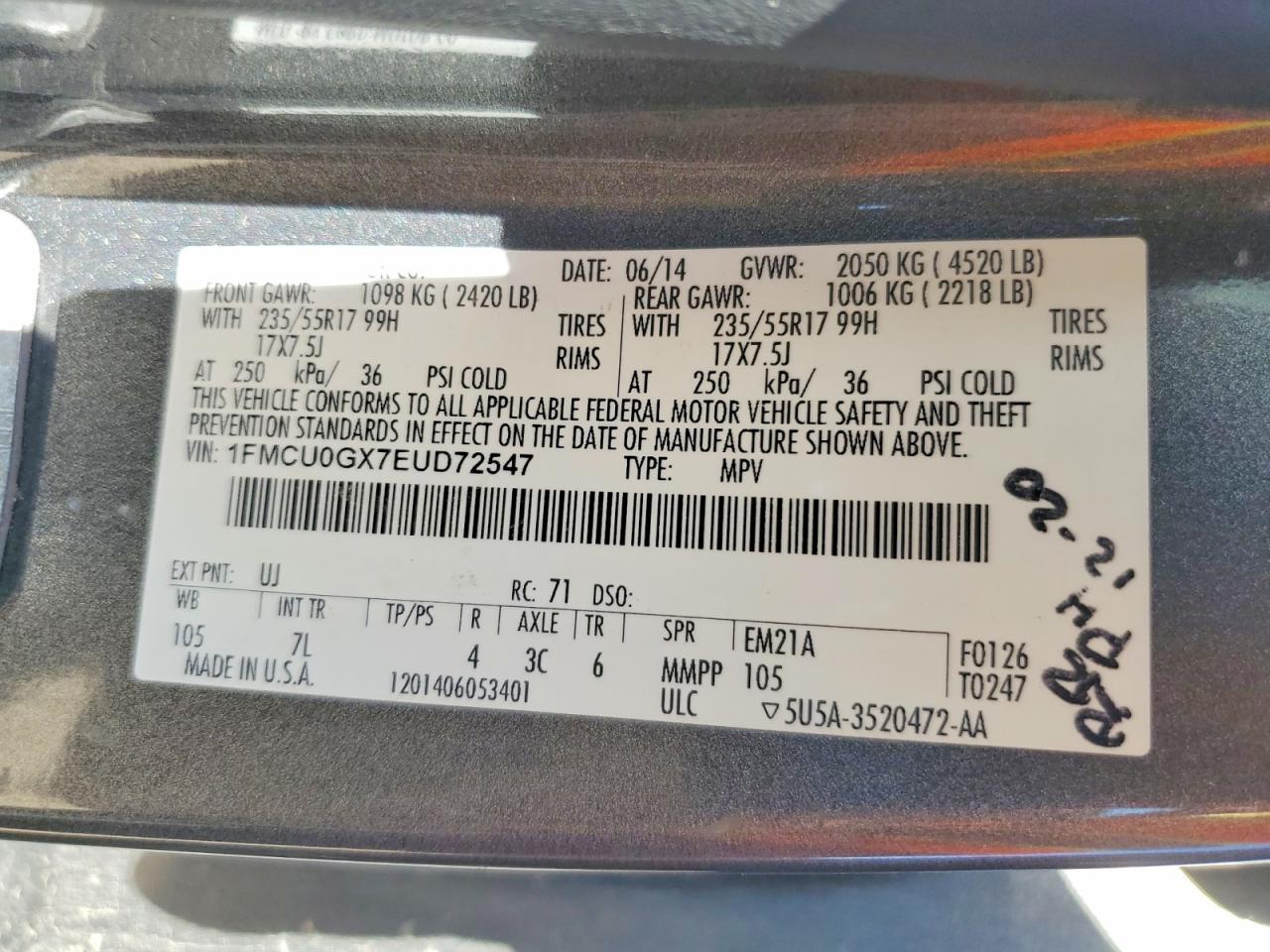 2014 Ford Escape Se Charcoal vin: 1FMCU0GX7EUD72547