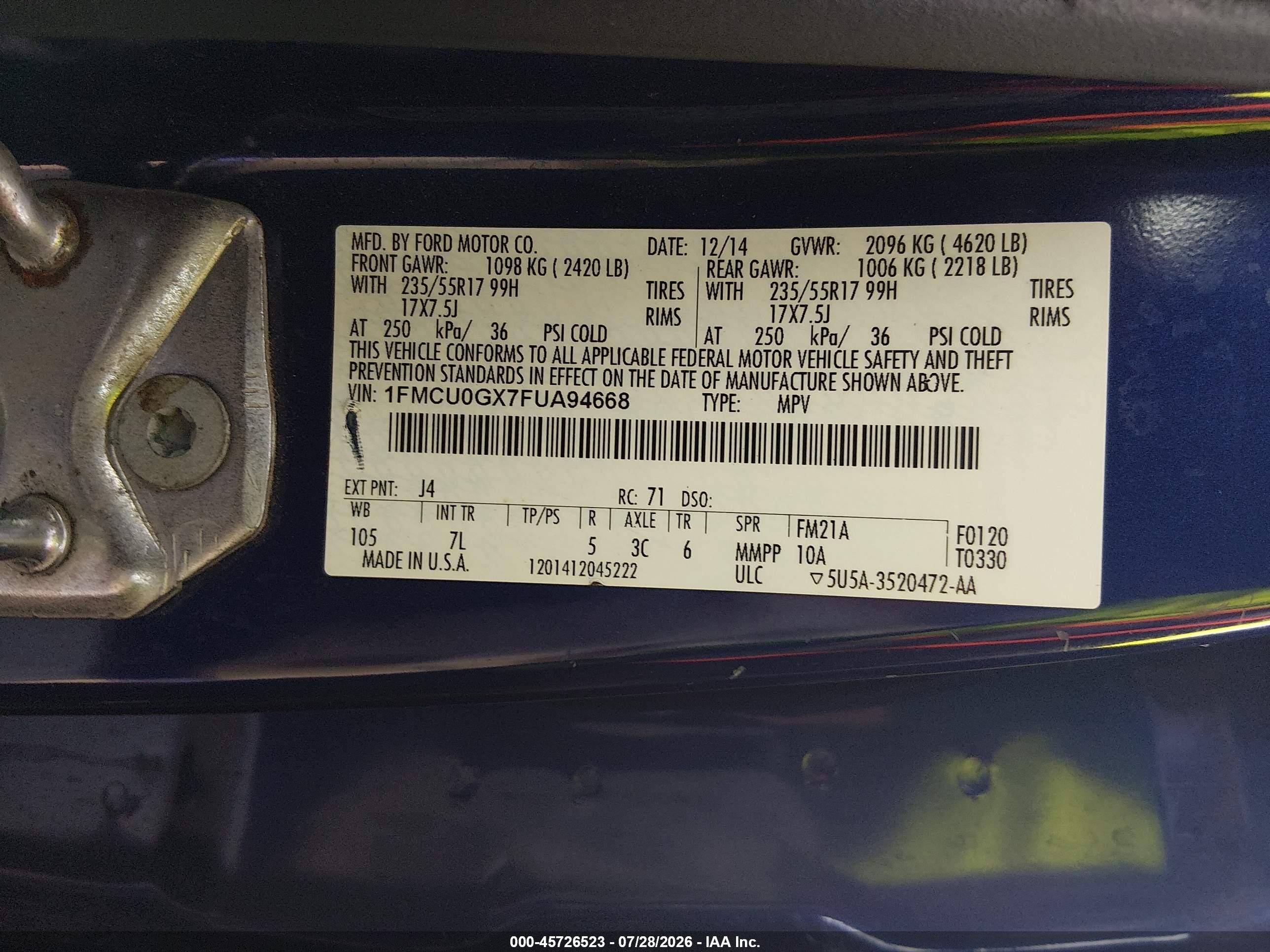 2015 Ford Escape Se Blue vin: 1FMCU0GX7FUA94668