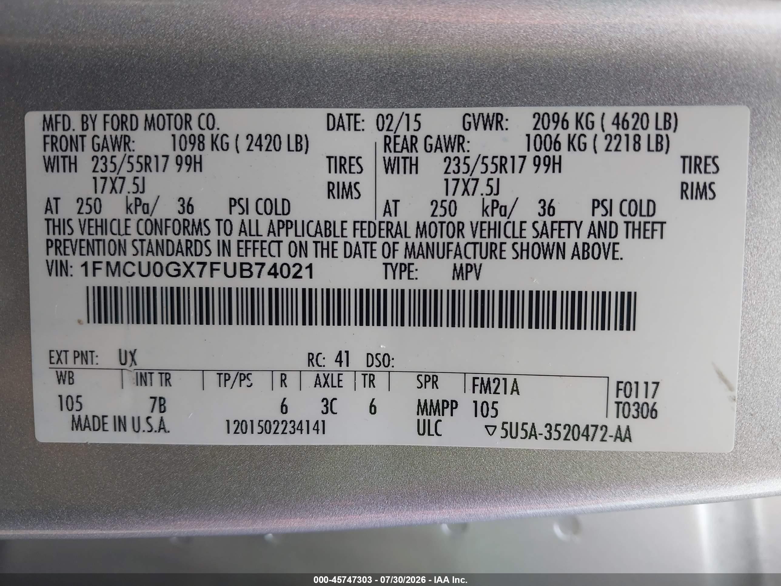 2015 Ford Escape Se Gray vin: 1FMCU0GX7FUB74021