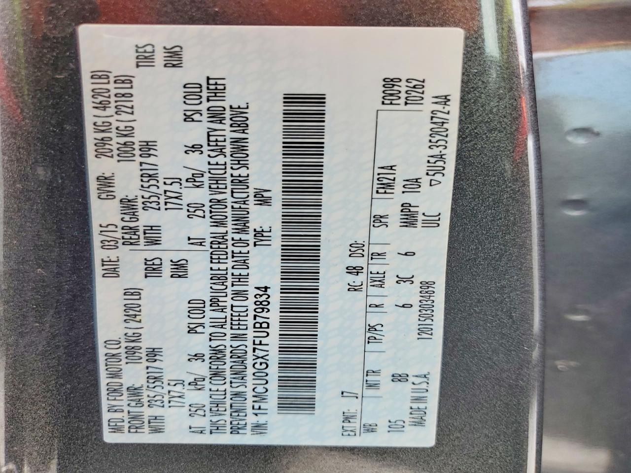 2015 Ford Escape Se Gray vin: 1FMCU0GX7FUB79834
