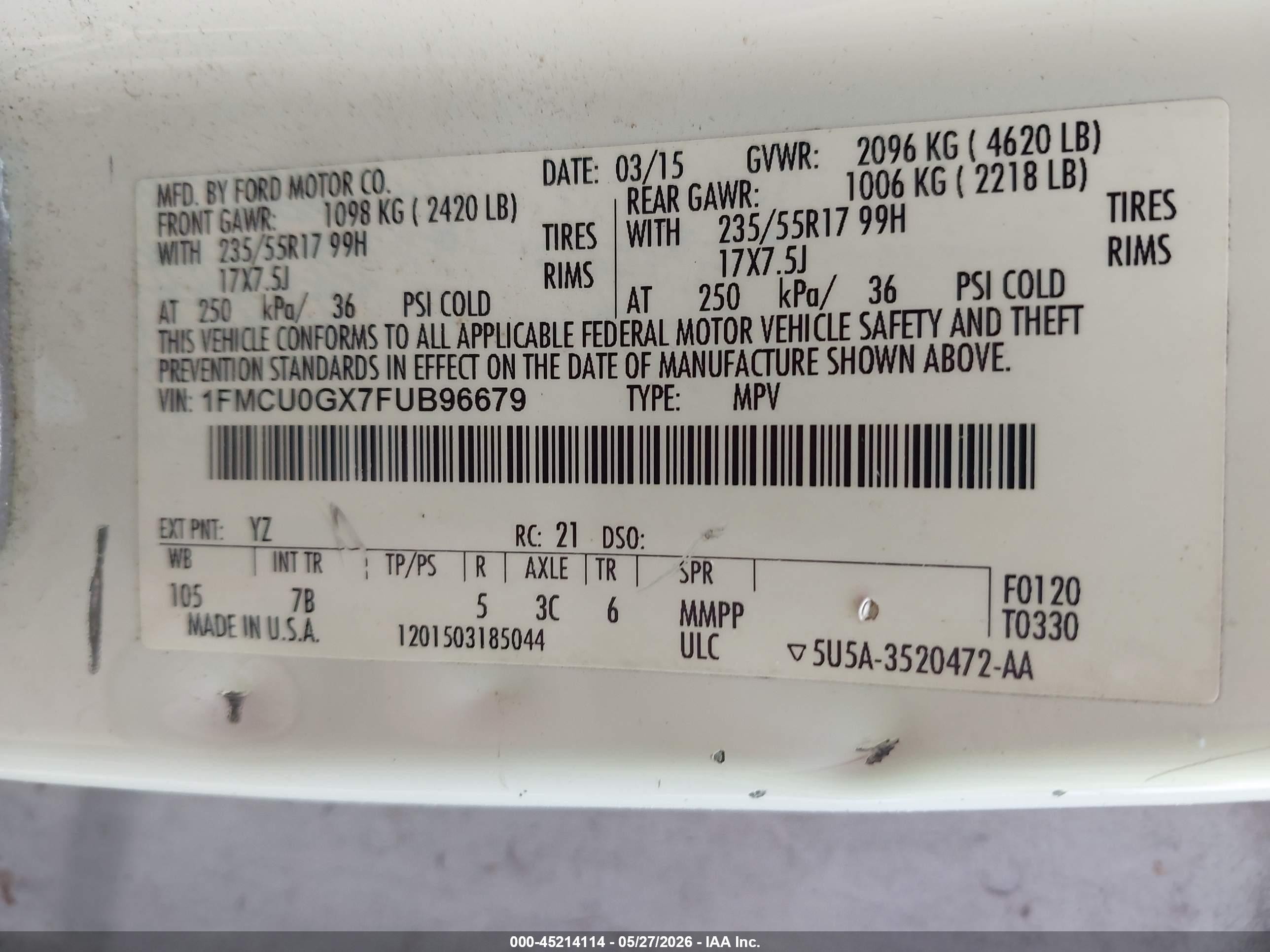2015 Ford Escape Se White vin: 1FMCU0GX7FUB96679