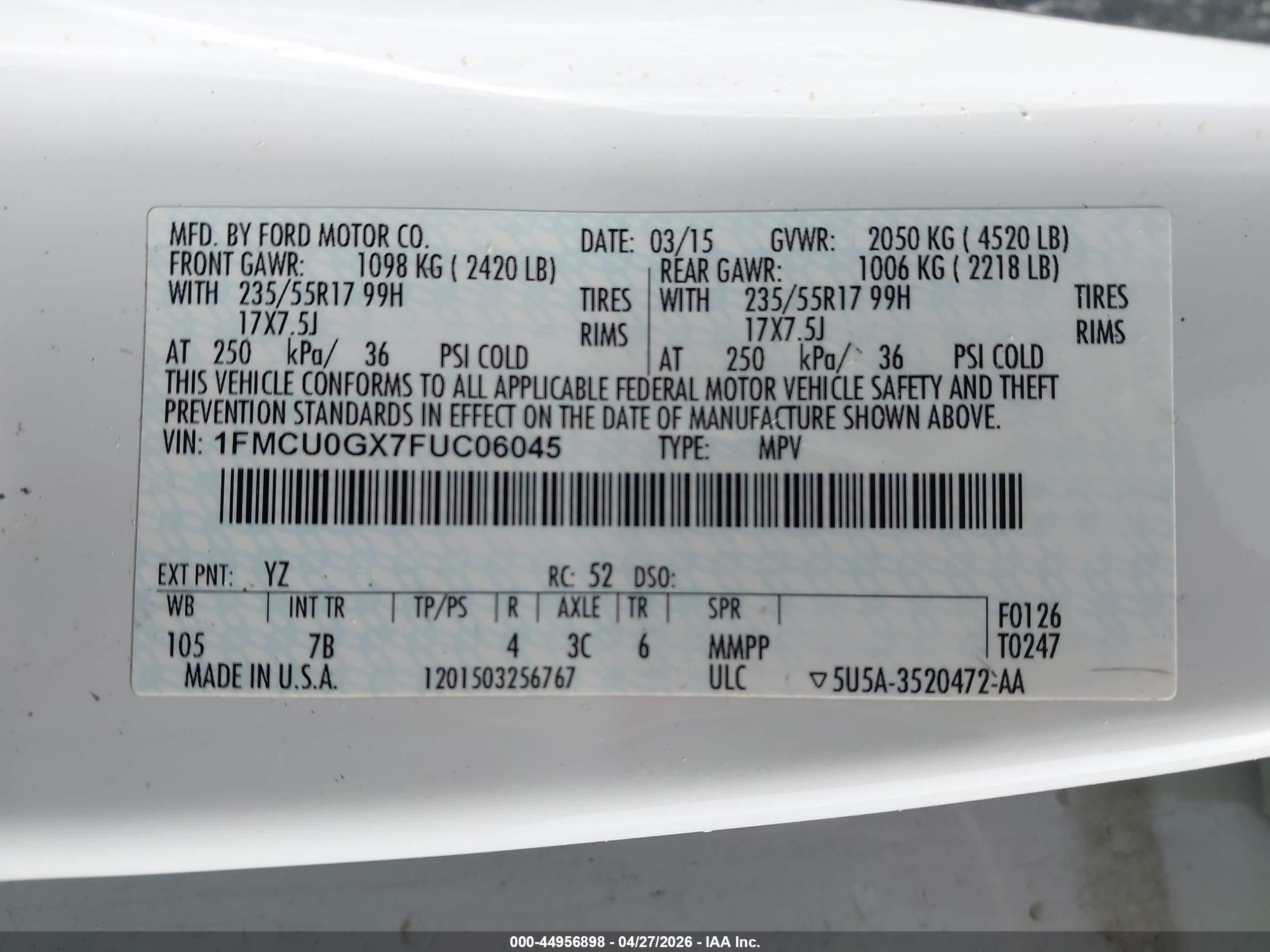 2015 Ford Escape Se White vin: 1FMCU0GX7FUC06045