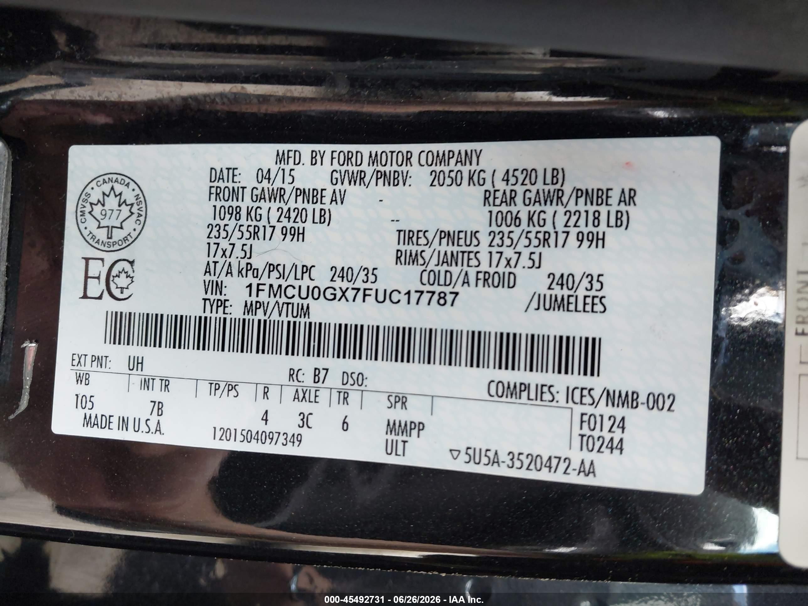 2015 Ford Escape Se Black vin: 1FMCU0GX7FUC17787