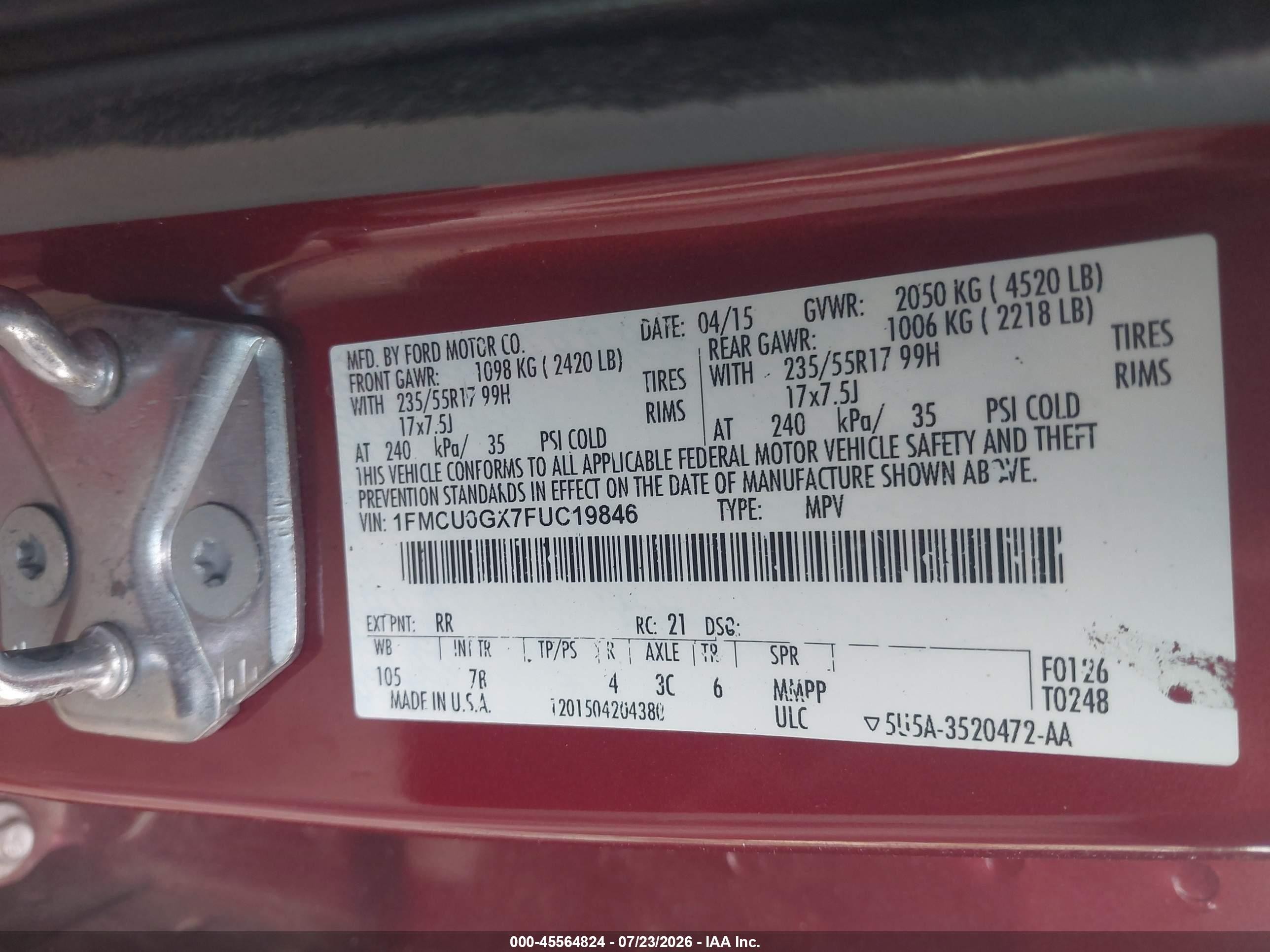2015 Ford Escape Se Red vin: 1FMCU0GX7FUC19846