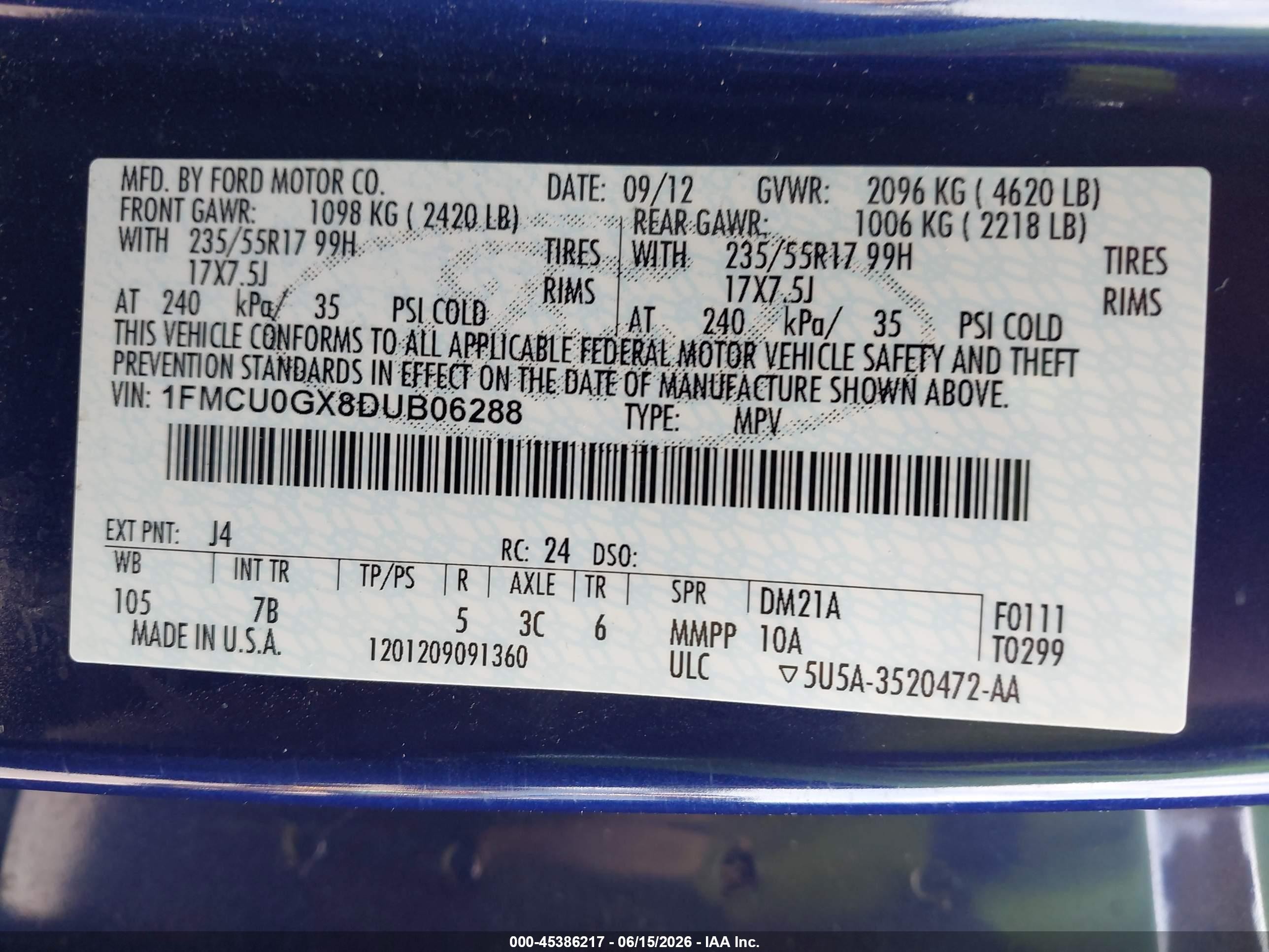 2013 Ford Escape Se Blue vin: 1FMCU0GX8DUB06288