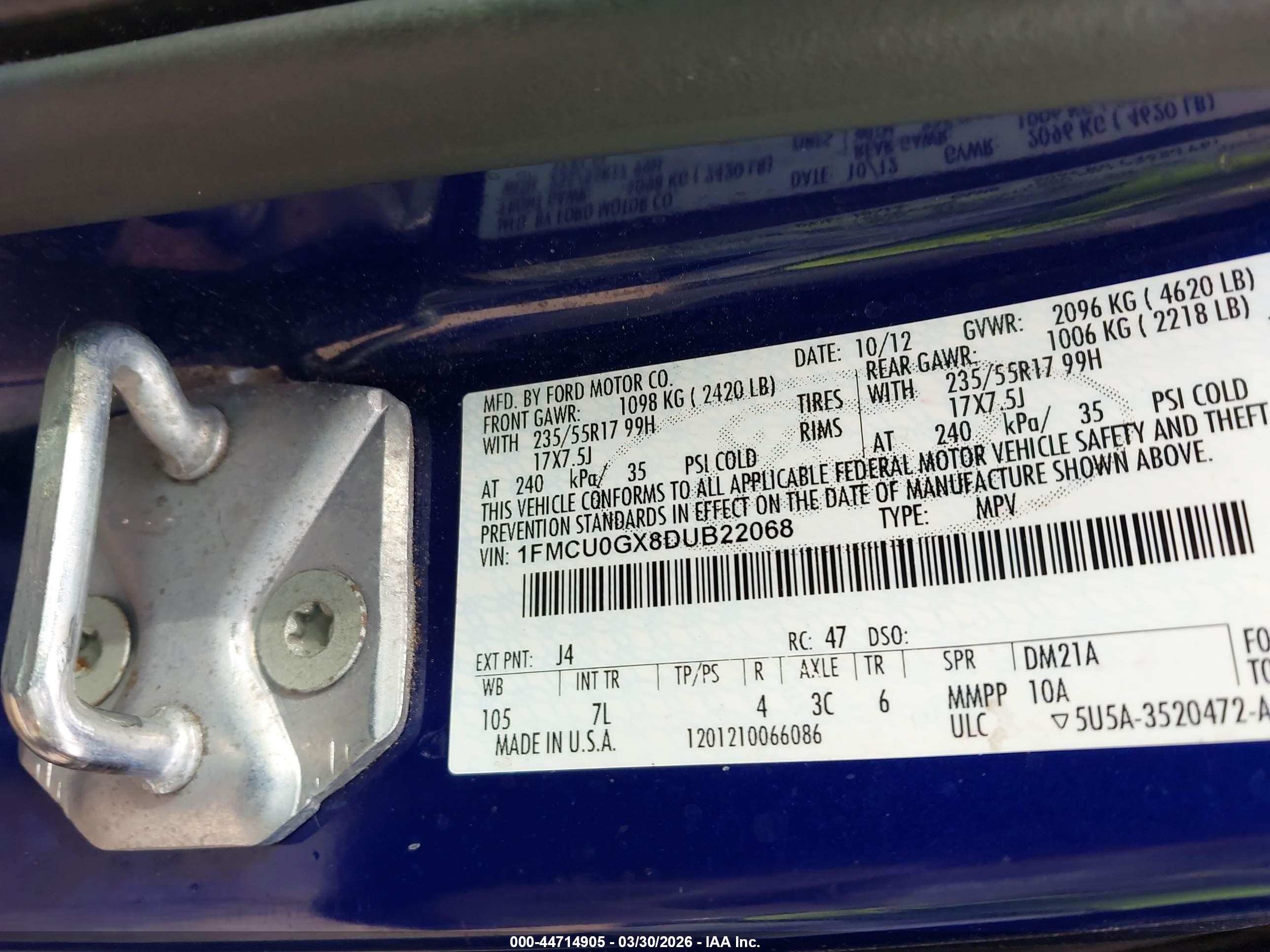 2013 Ford Escape Se Blue vin: 1FMCU0GX8DUB22068