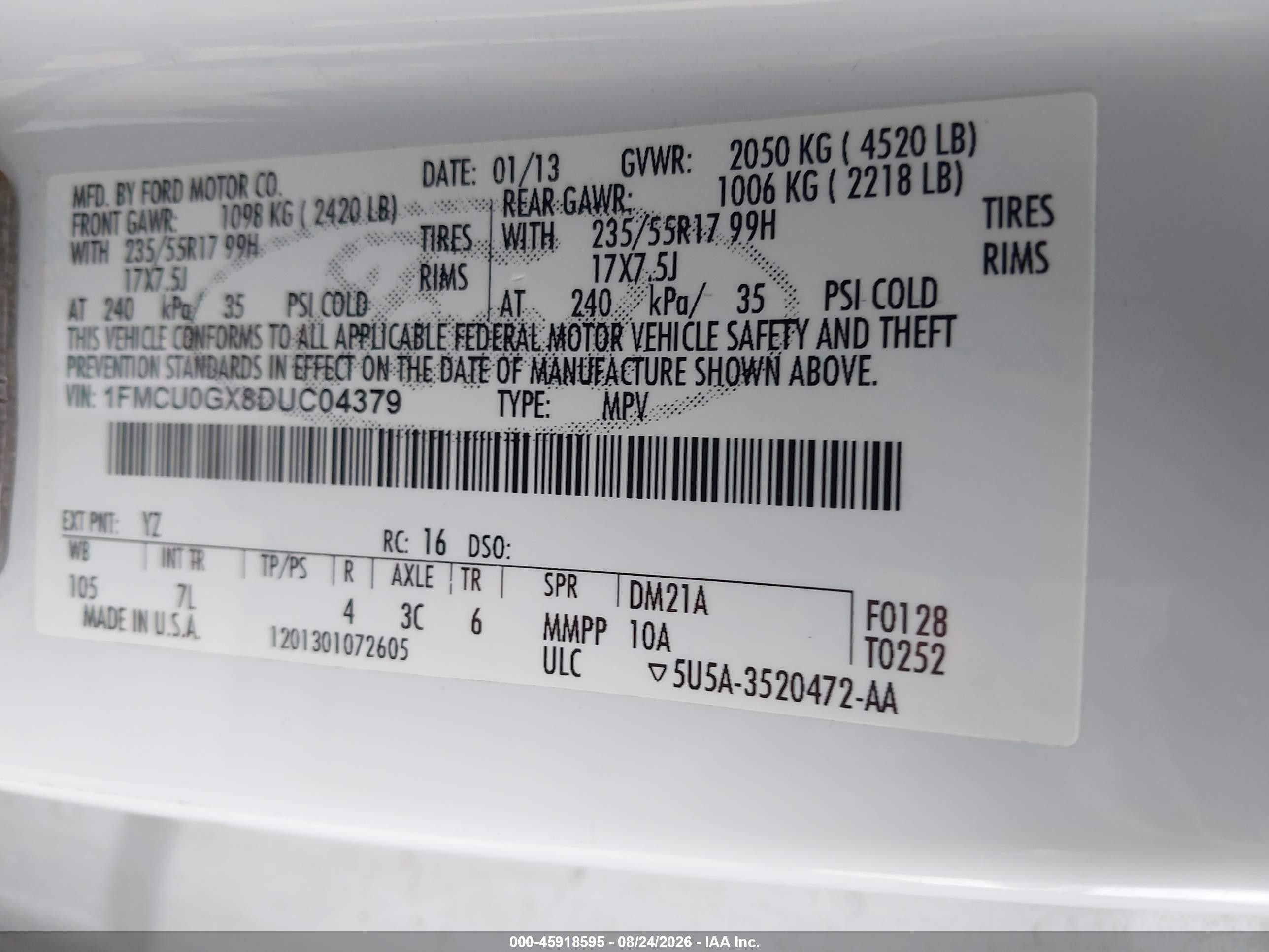 2013 Ford Escape Se Белый vin: 1FMCU0GX8DUC04379