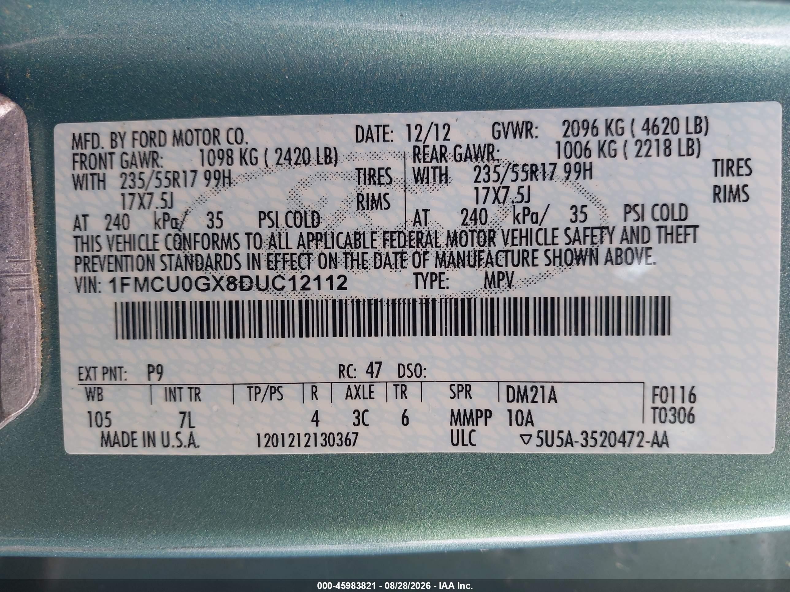 2013 Ford Escape Se Turquoise vin: 1FMCU0GX8DUC12112