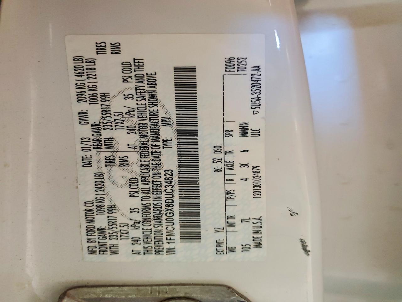2013 Ford Escape Se White vin: 1FMCU0GX8DUC34823