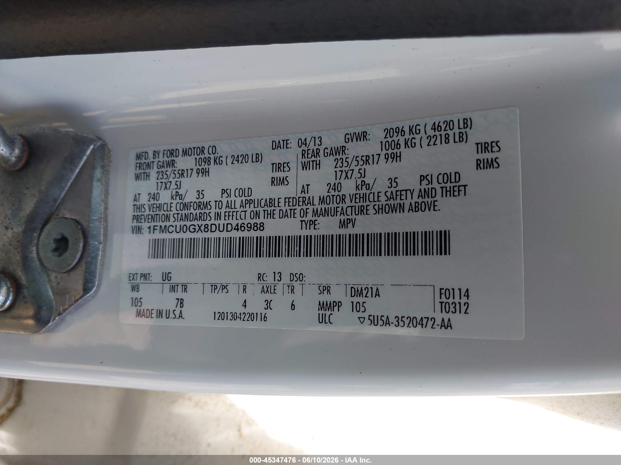 2013 Ford Escape Se White vin: 1FMCU0GX8DUD46988