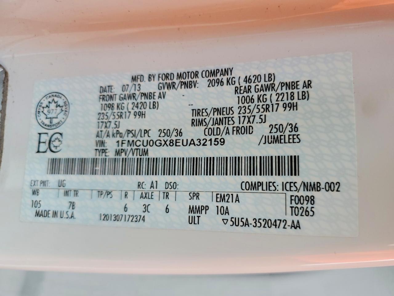 2014 Ford Escape Se White vin: 1FMCU0GX8EUA32159