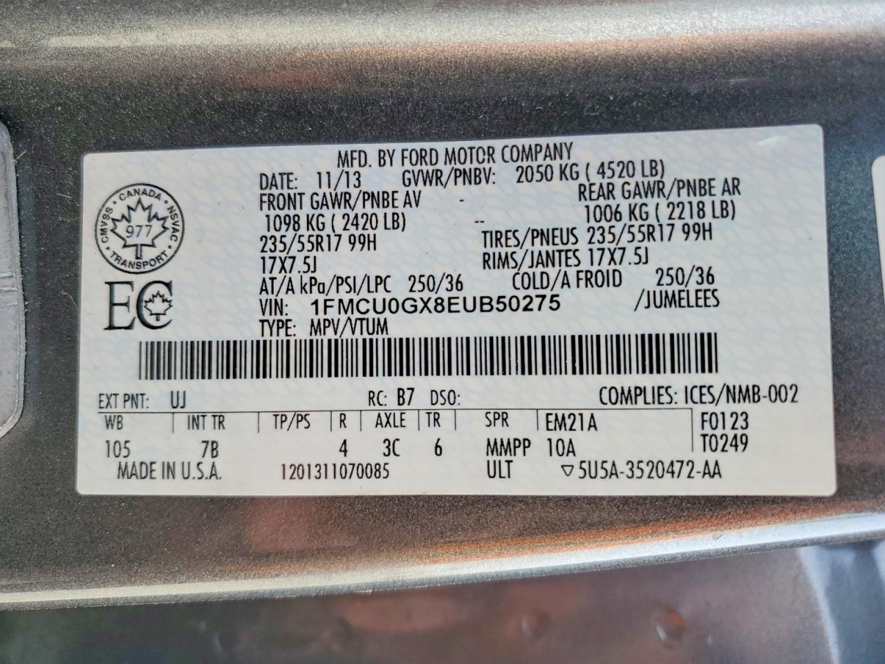 2014 Ford Escape Se Gray vin: 1FMCU0GX8EUB50275