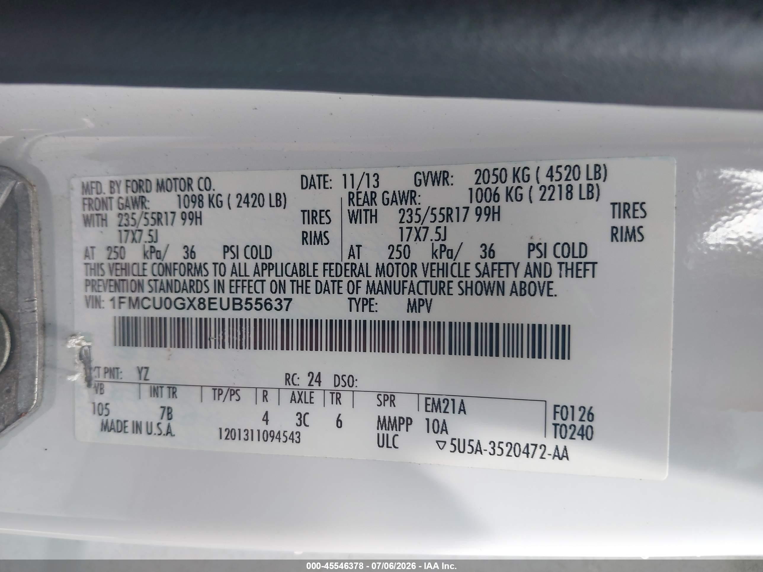 2014 Ford Escape Se White vin: 1FMCU0GX8EUB55637
