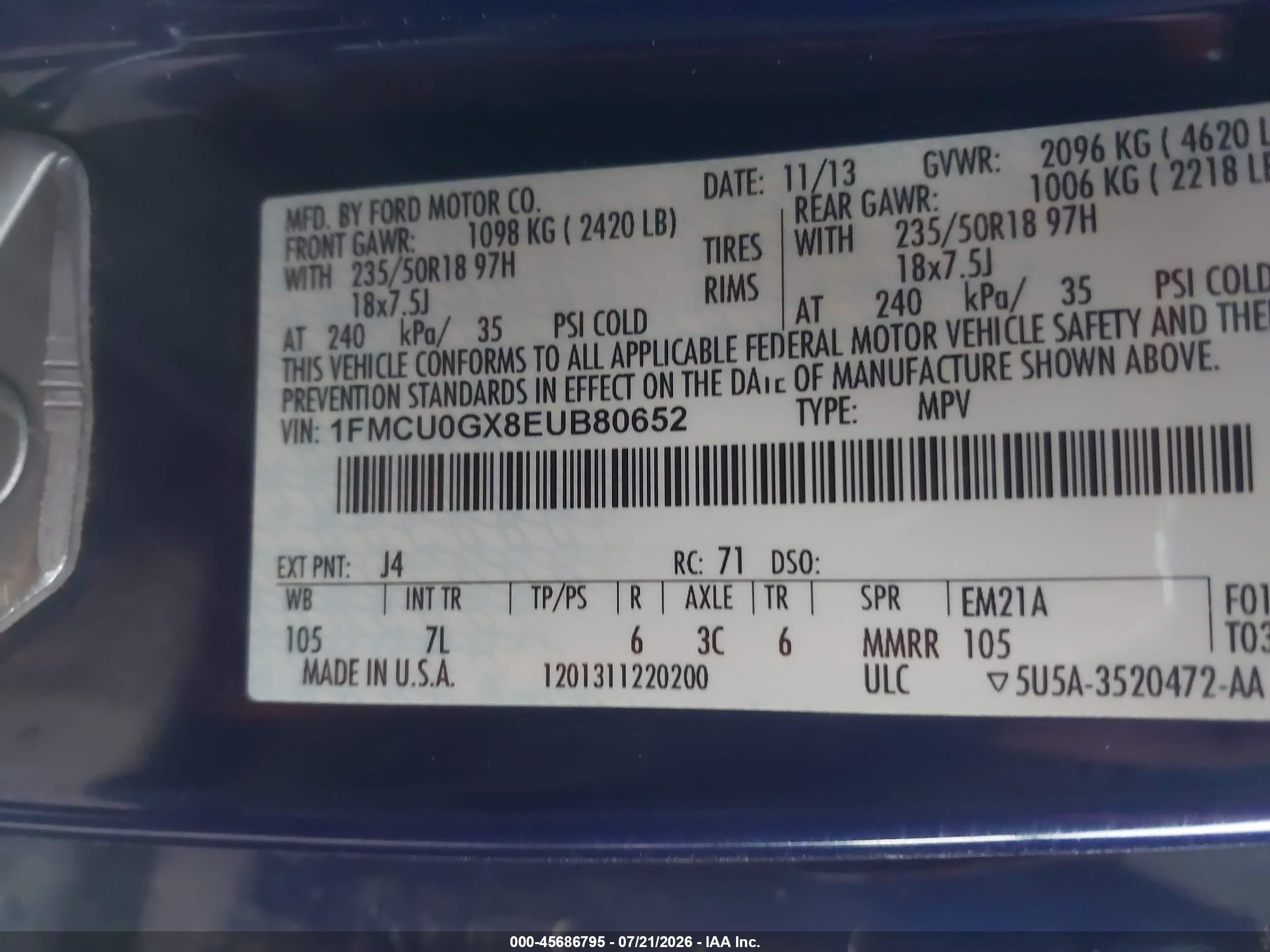 2014 Ford Escape Se Blue vin: 1FMCU0GX8EUB80652