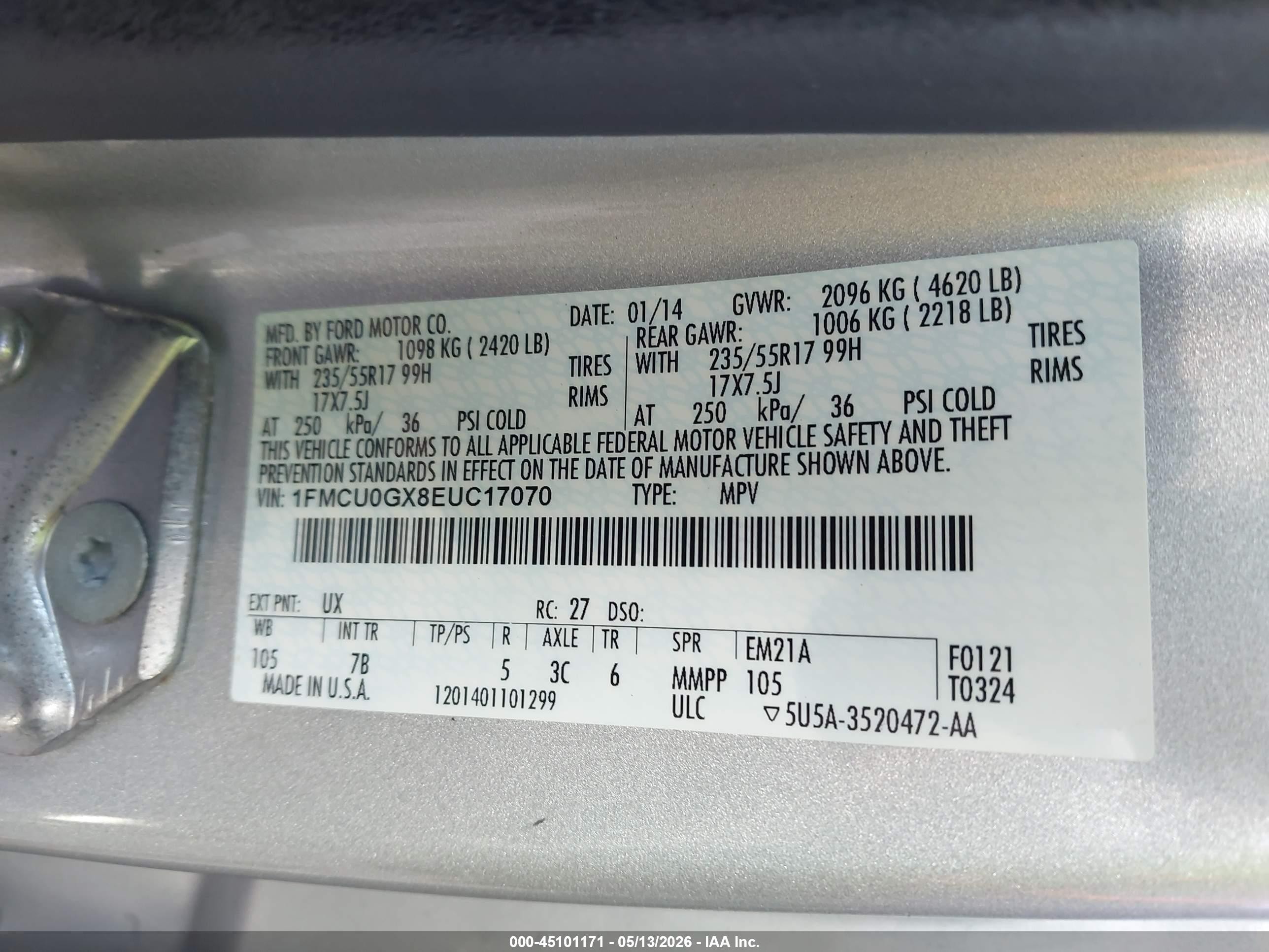 2014 Ford Escape Se Silver vin: 1FMCU0GX8EUC17070