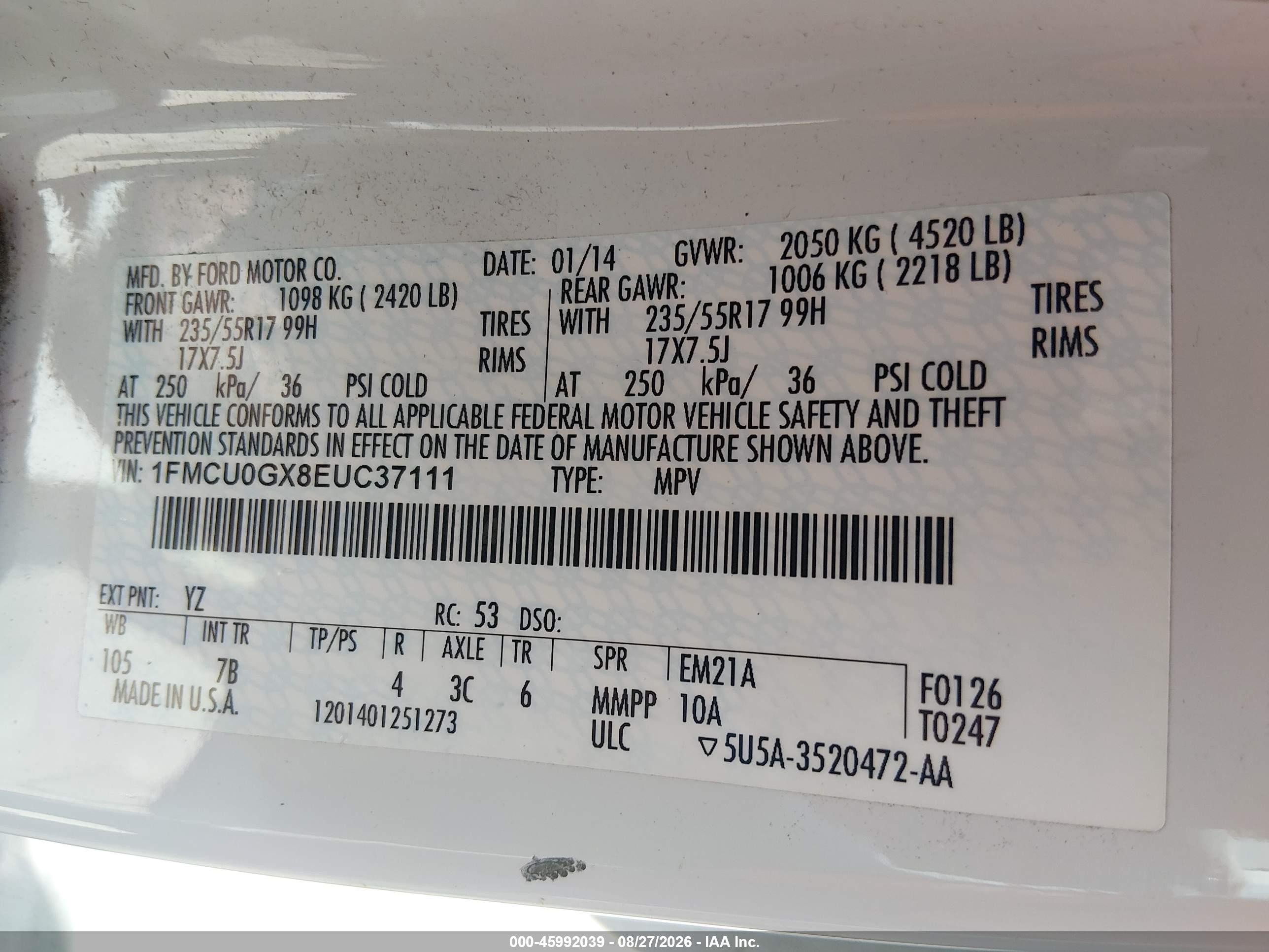 2014 Ford Escape Se White vin: 1FMCU0GX8EUC37111