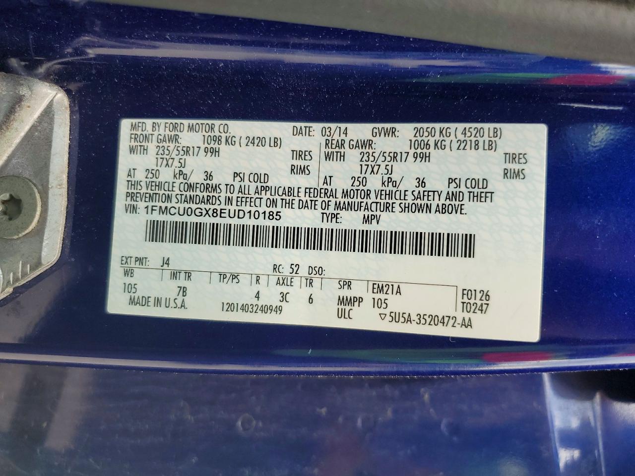 2014 Ford Escape Se Blue vin: 1FMCU0GX8EUD10185