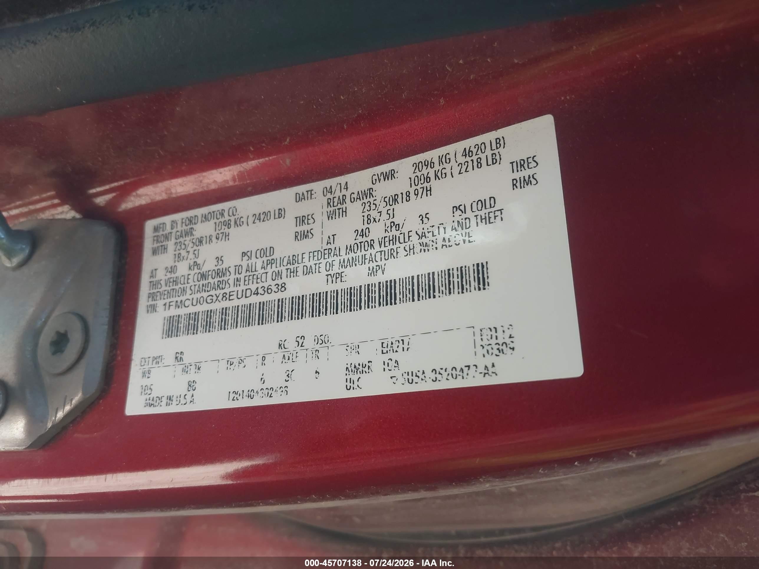 2014 Ford Escape Se Burgundy vin: 1FMCU0GX8EUD43638