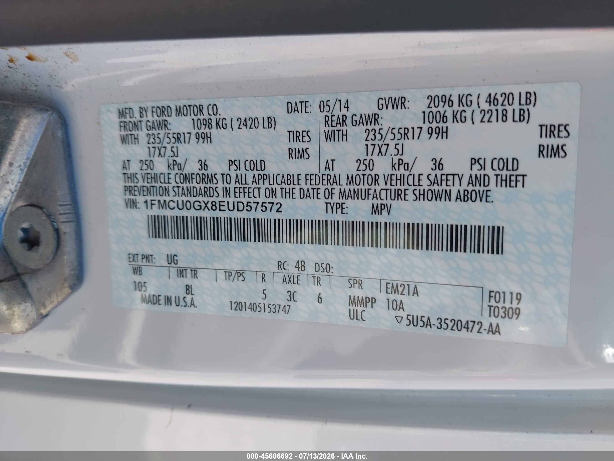 2014 Ford Escape Se Белый vin: 1FMCU0GX8EUD57572