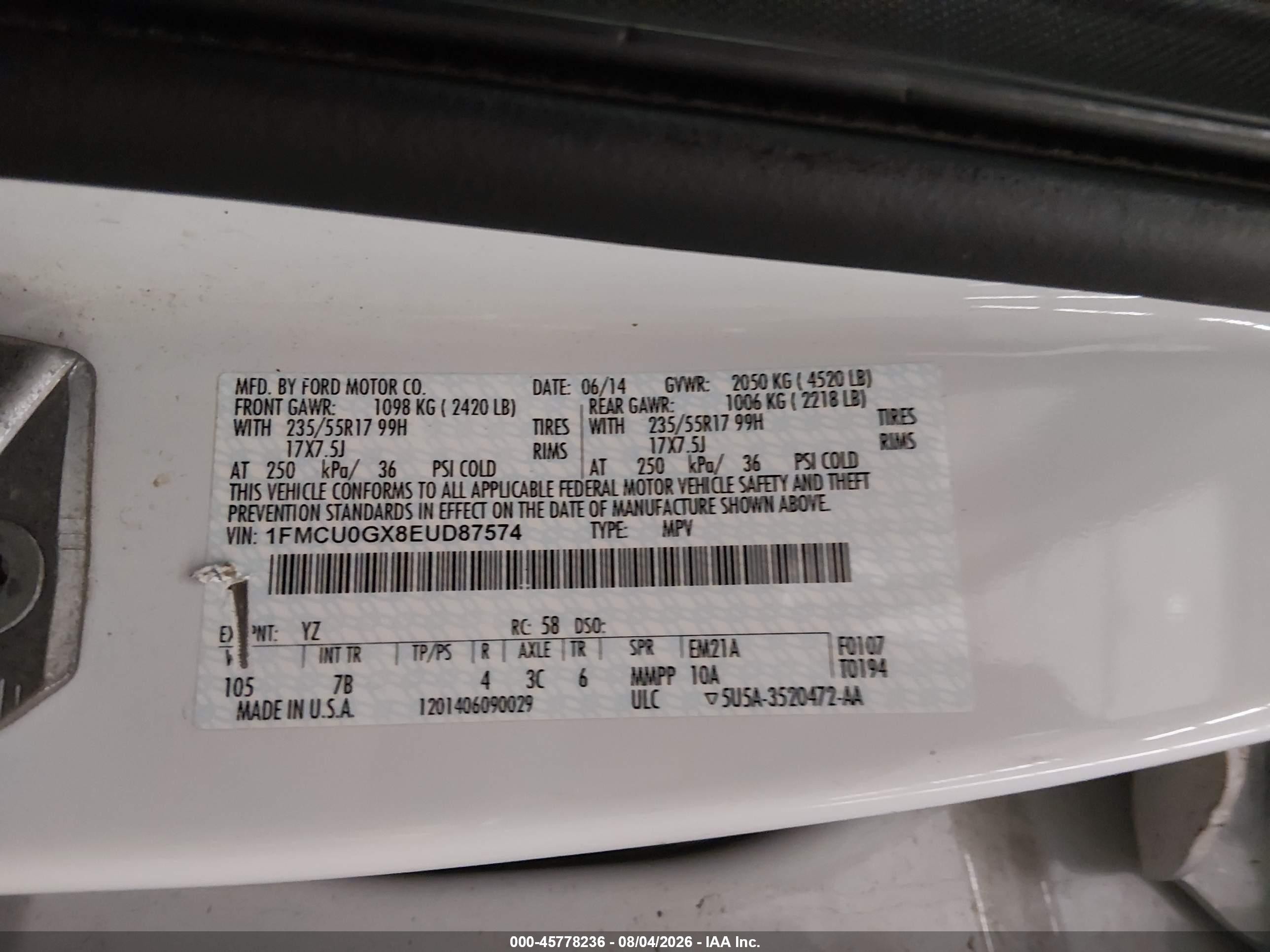 2014 Ford Escape Se Белый vin: 1FMCU0GX8EUD87574