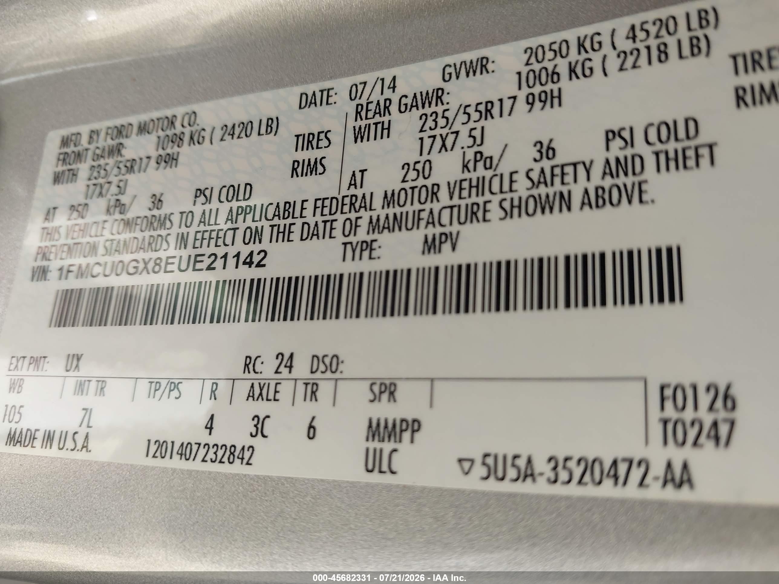 2014 Ford Escape Se Silver vin: 1FMCU0GX8EUE21142