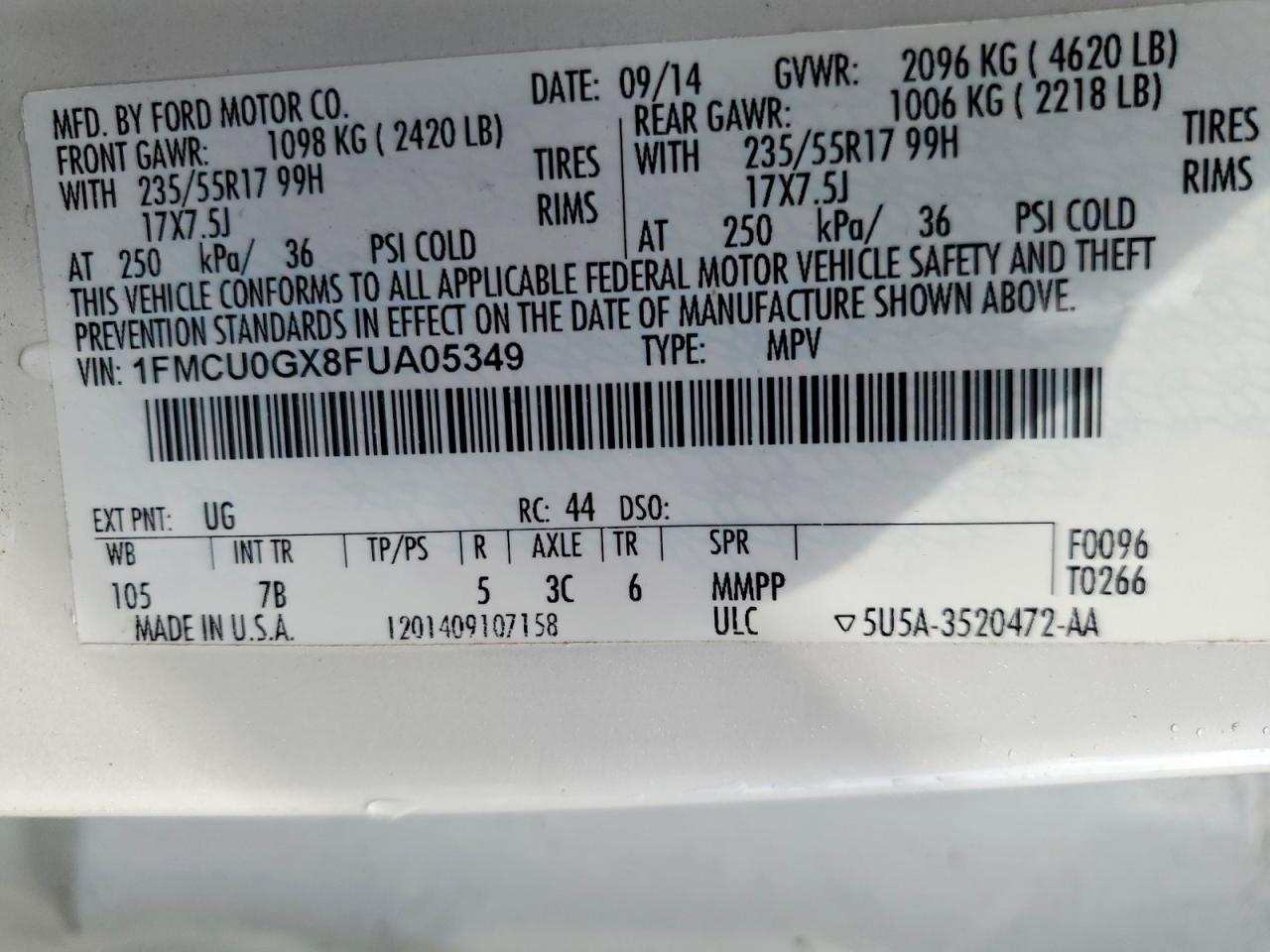 2015 Ford Escape Se White vin: 1FMCU0GX8FUA05349