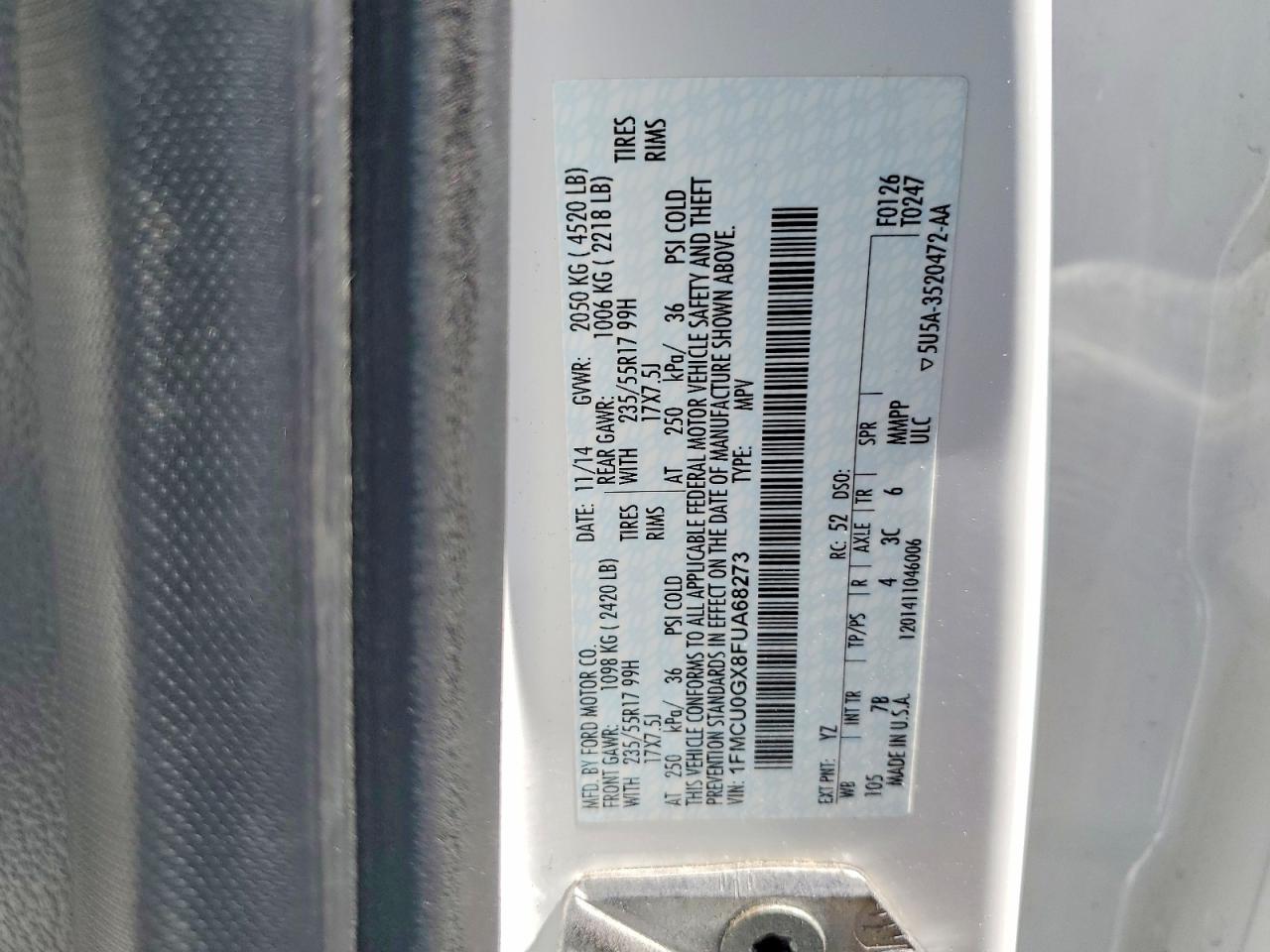2015 Ford Escape Se White vin: 1FMCU0GX8FUA68273