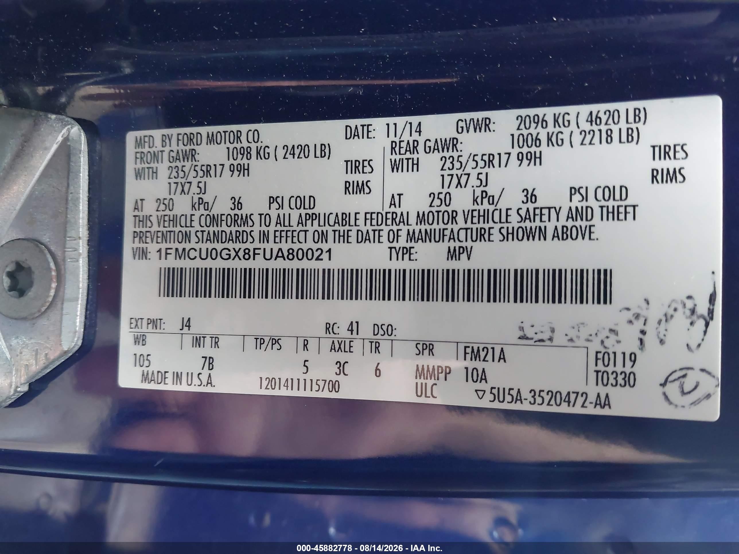 2015 Ford Escape Se Синий vin: 1FMCU0GX8FUA80021