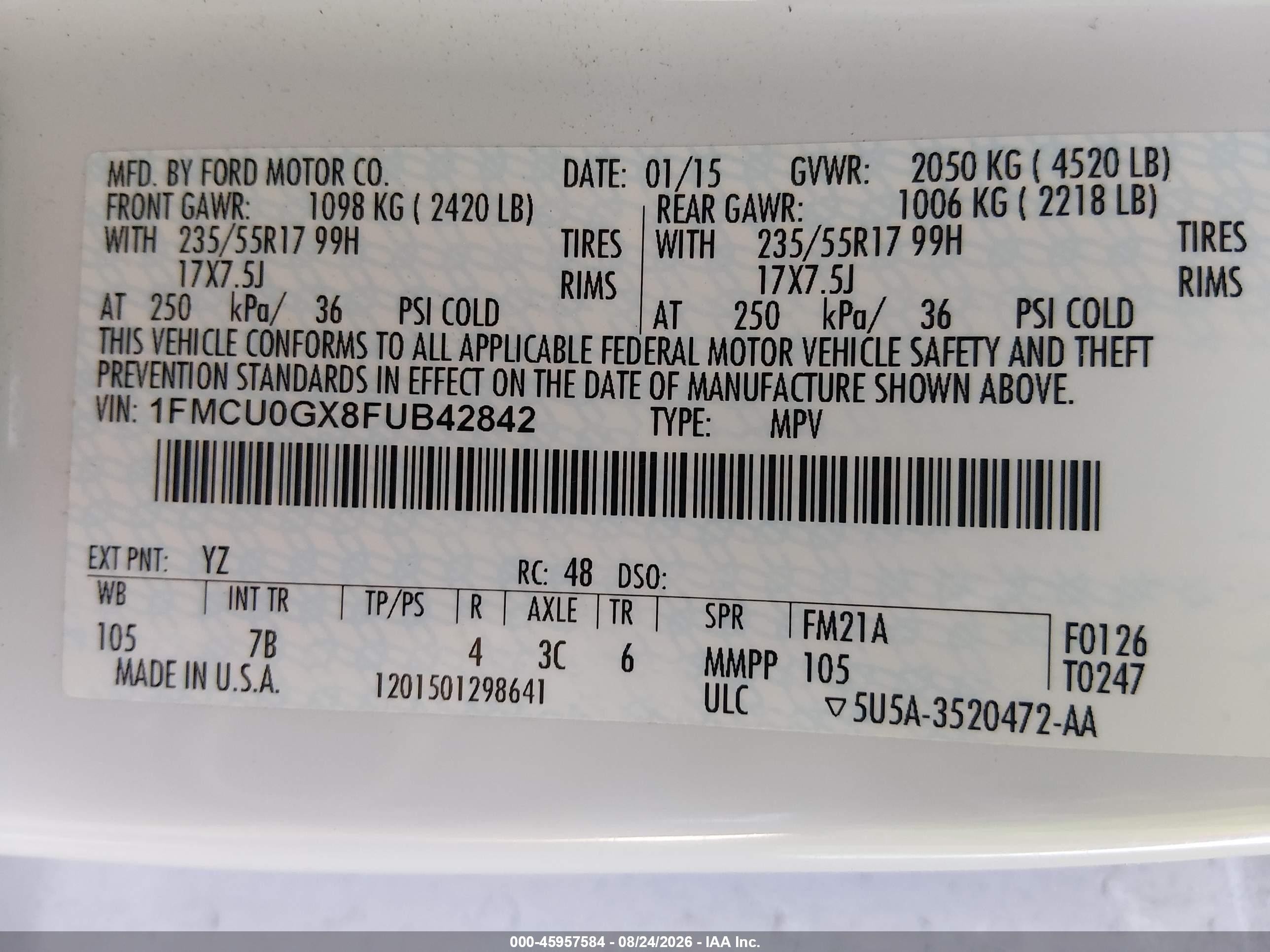 2015 Ford Escape Se White vin: 1FMCU0GX8FUB42842