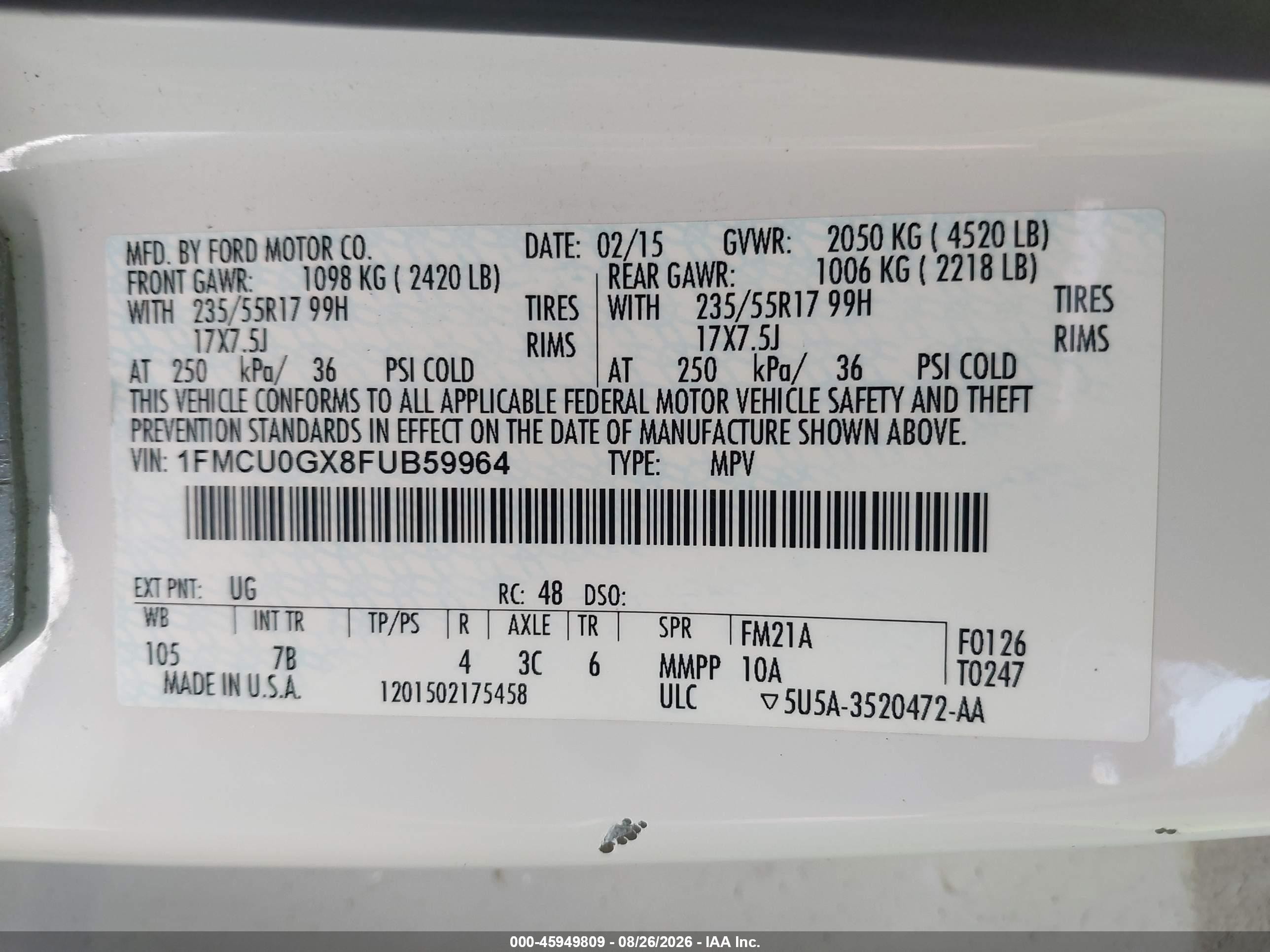 2015 Ford Escape Se White vin: 1FMCU0GX8FUB59964