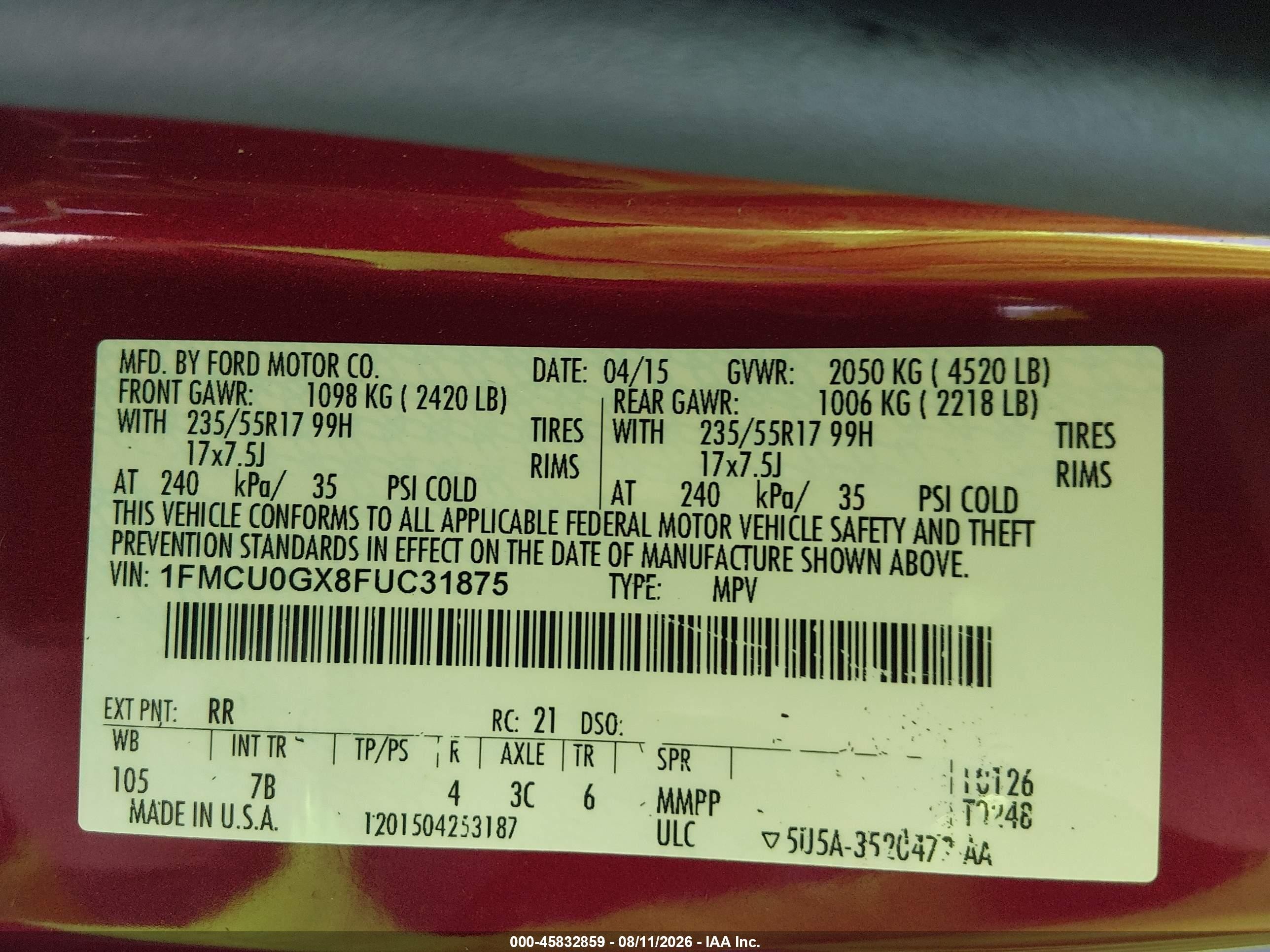 2015 Ford Escape Se Red vin: 1FMCU0GX8FUC31875