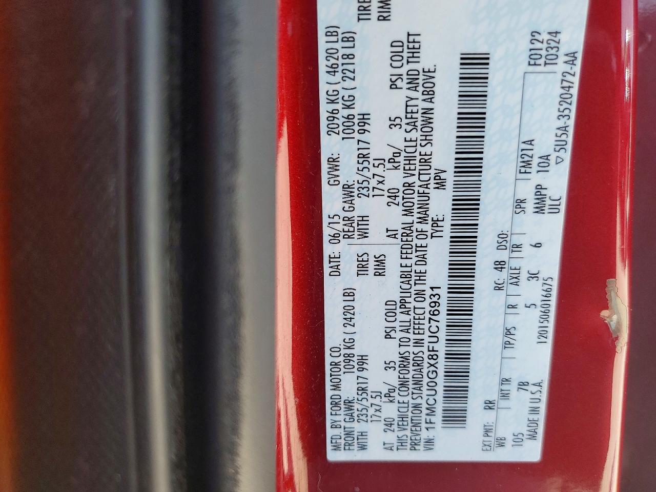 2015 Ford Escape Se Red vin: 1FMCU0GX8FUC76931