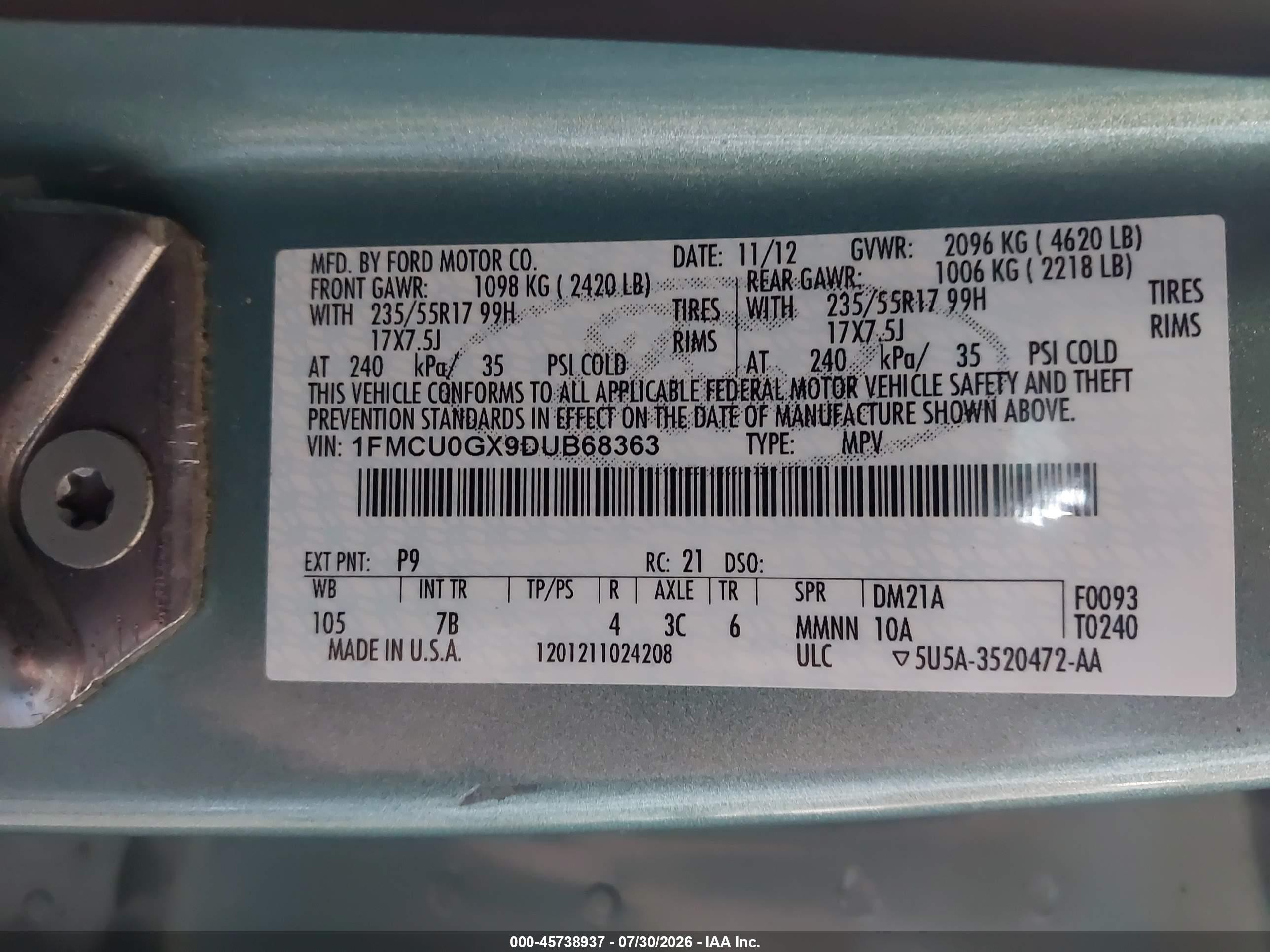 2013 Ford Escape Se Green vin: 1FMCU0GX9DUB68363