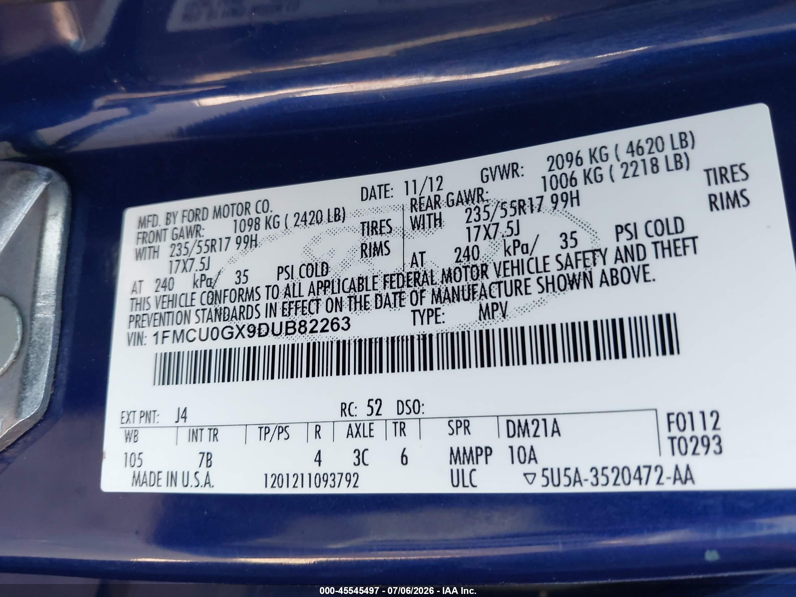 2013 Ford Escape Se Dark Blue vin: 1FMCU0GX9DUB82263