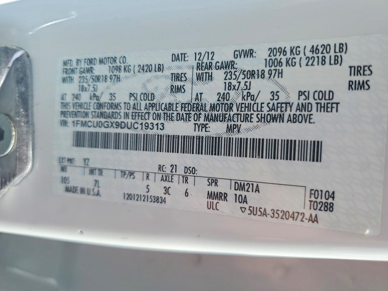 2013 Ford Escape Se White vin: 1FMCU0GX9DUC19313