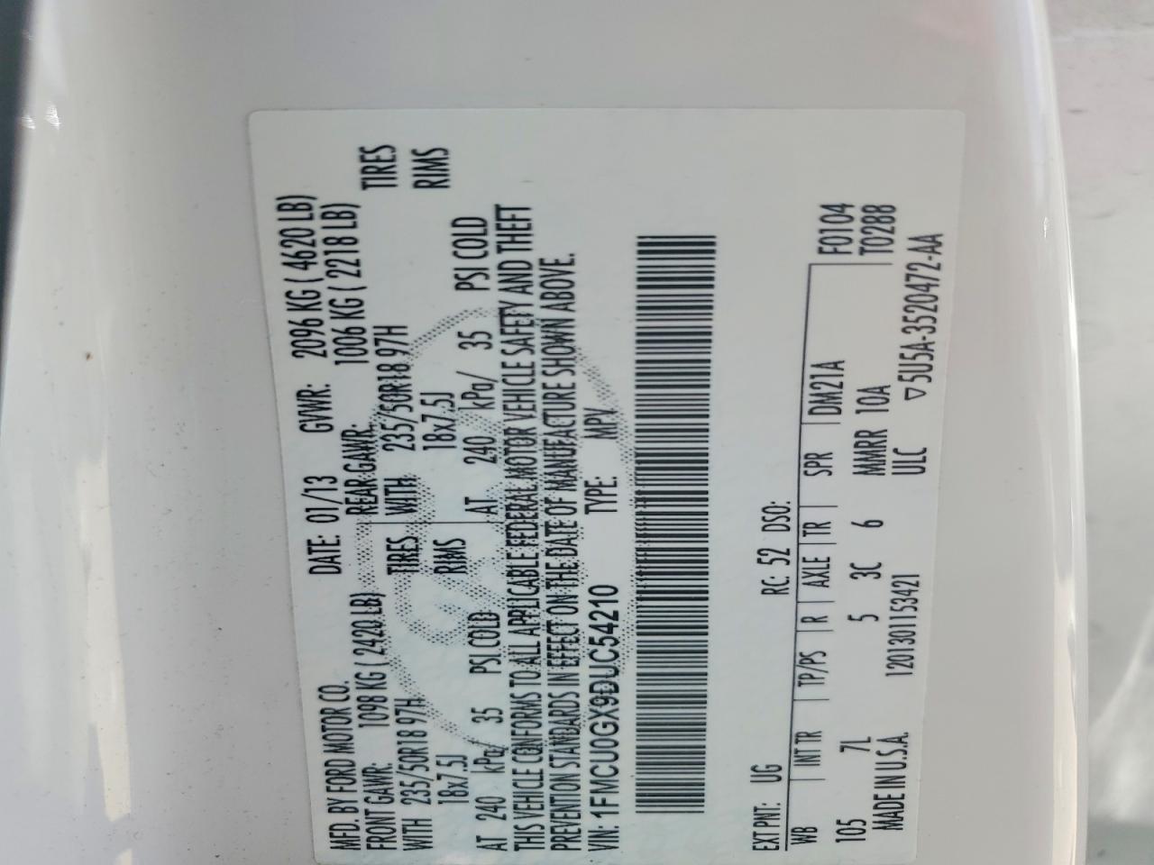 2013 Ford Escape Se White vin: 1FMCU0GX9DUC54210