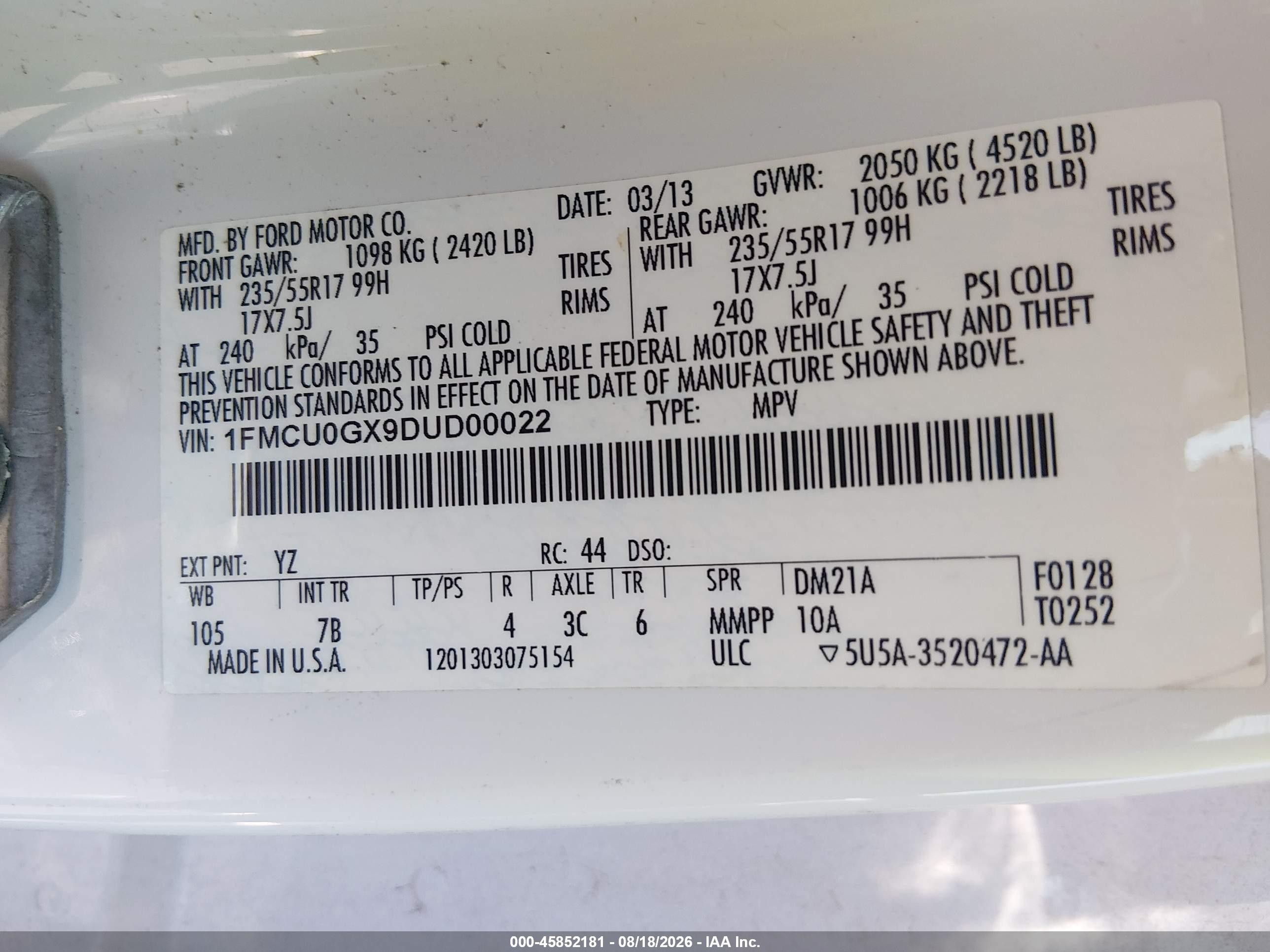 2013 Ford Escape Se Белый vin: 1FMCU0GX9DUD00022