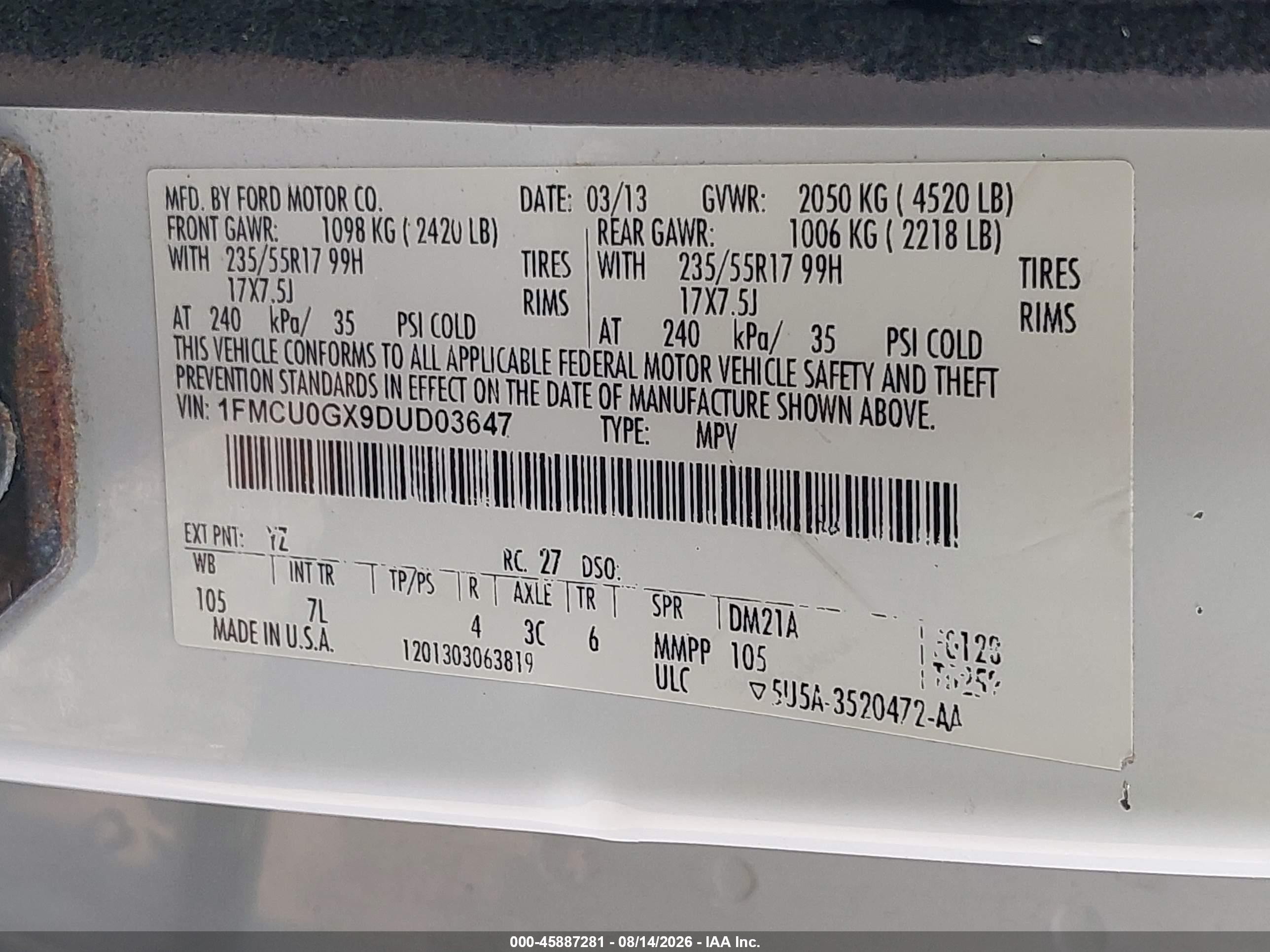 2013 Ford Escape Se White vin: 1FMCU0GX9DUD03647