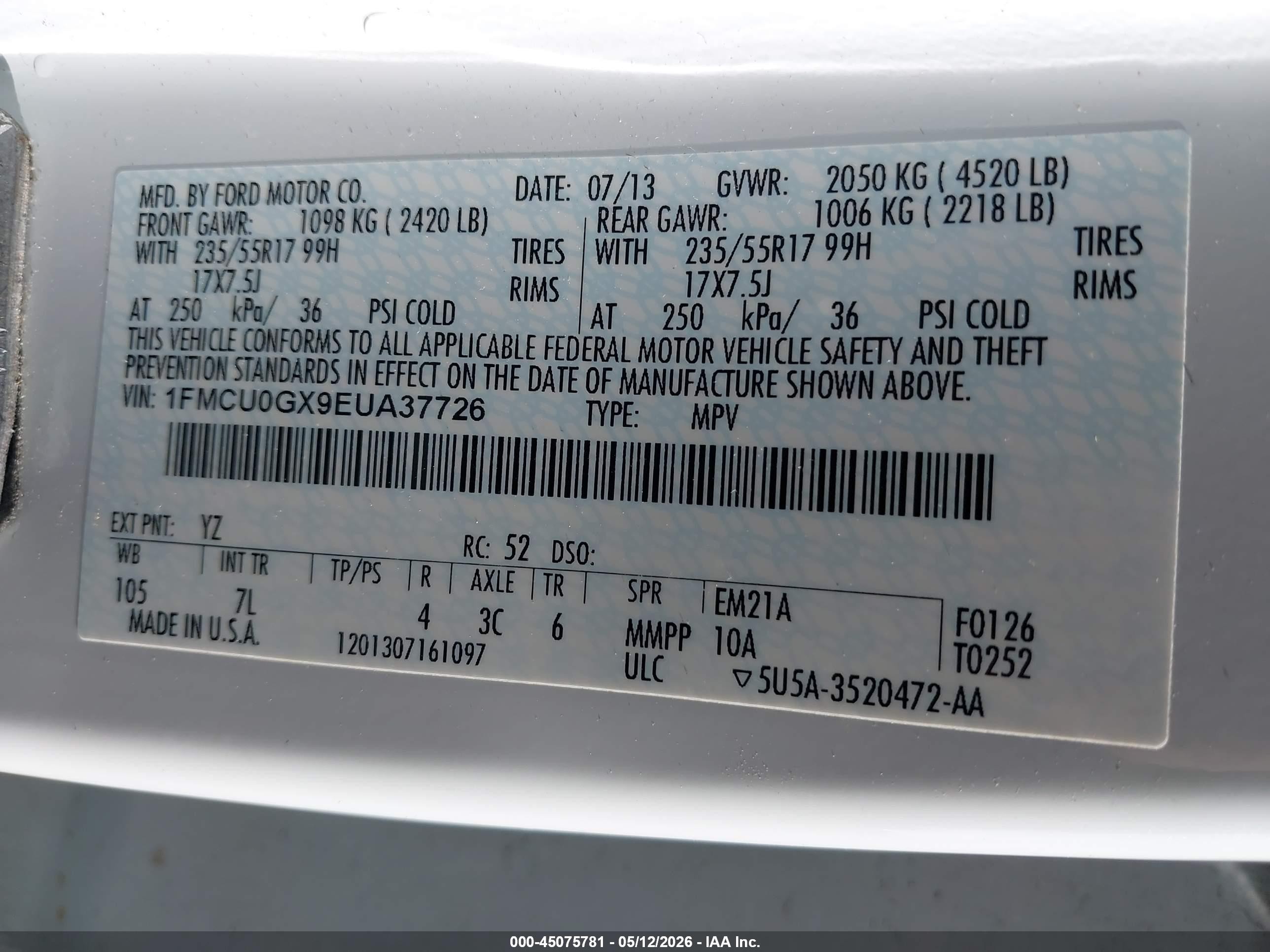 2014 Ford Escape Se White vin: 1FMCU0GX9EUA37726