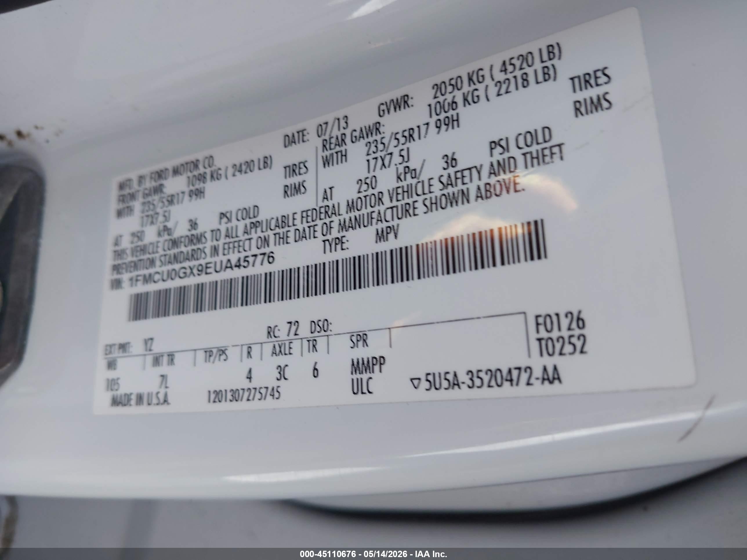 2014 Ford Escape Se White vin: 1FMCU0GX9EUA45776