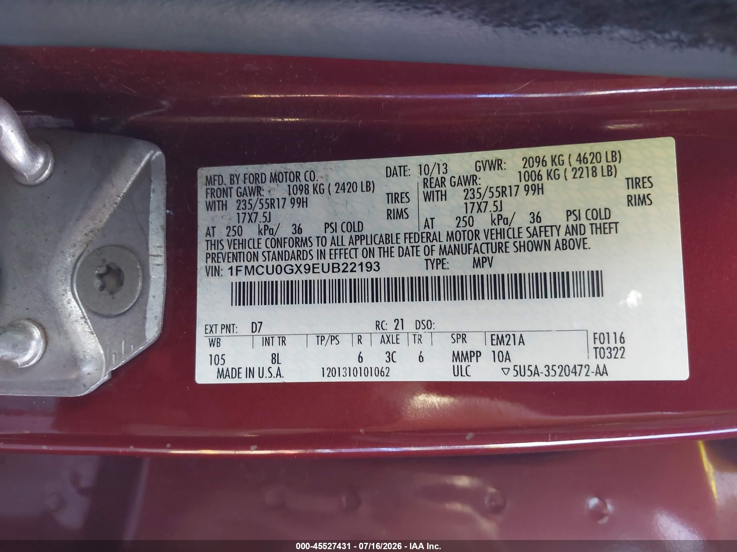 2014 Ford Escape Se Red vin: 1FMCU0GX9EUB22193