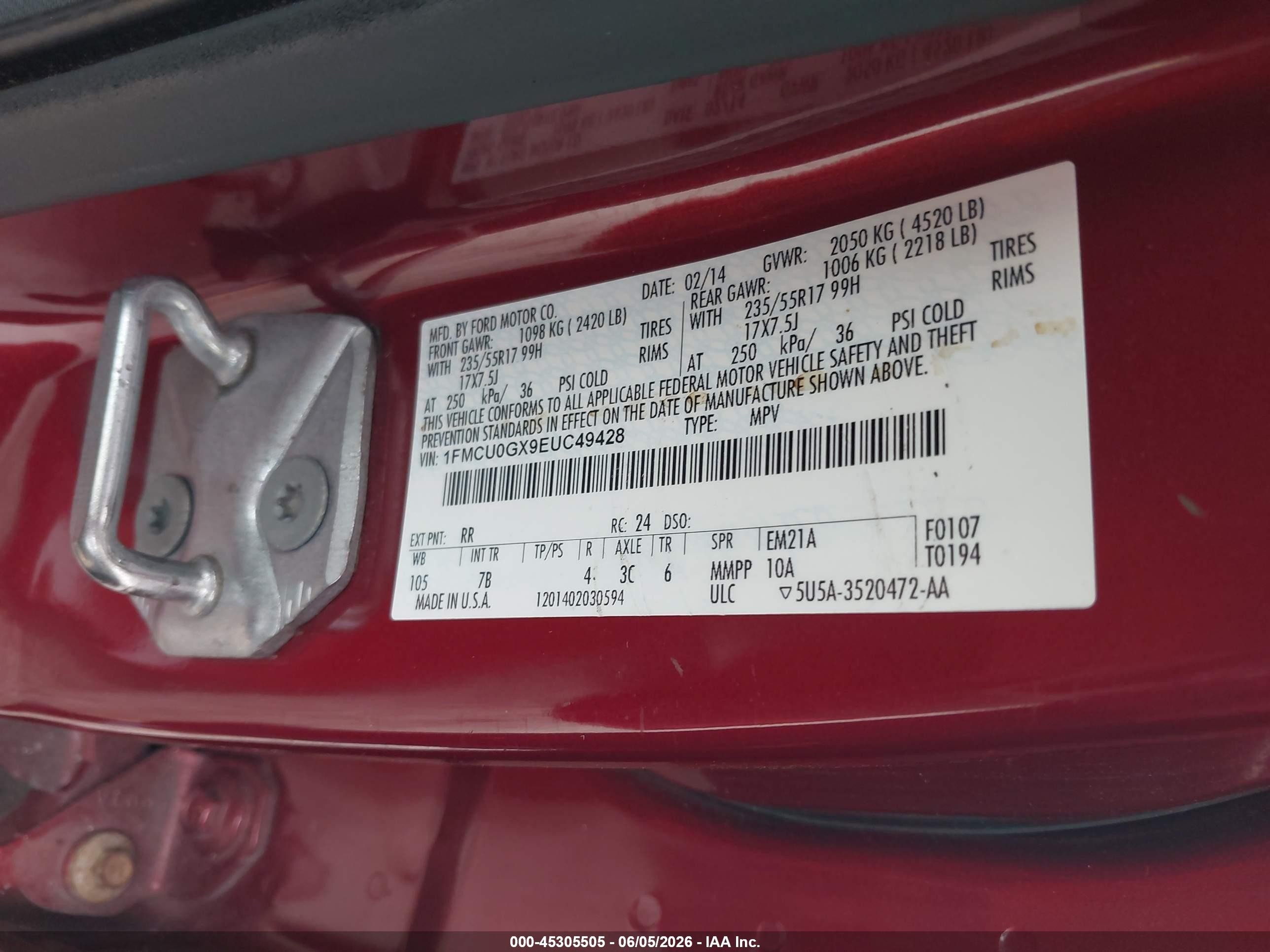 2014 Ford Escape Se Red vin: 1FMCU0GX9EUC49428