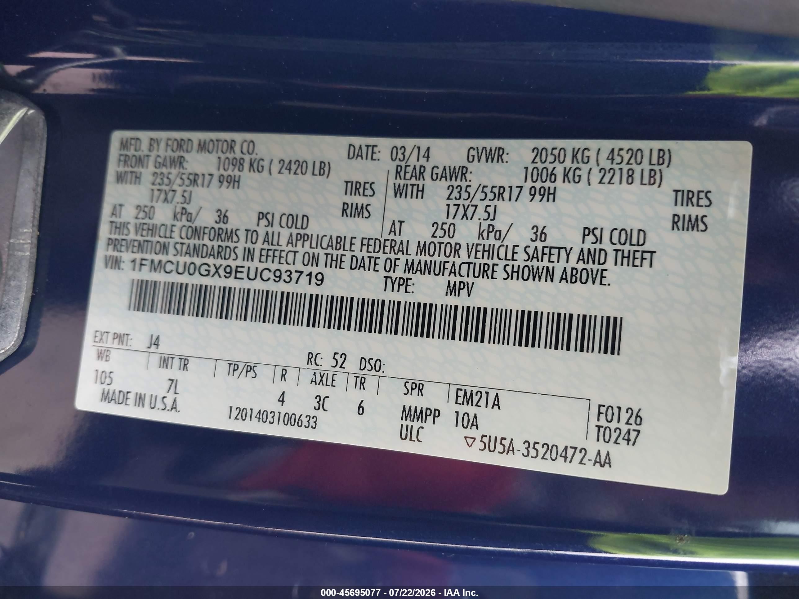 2014 Ford Escape Se Синий vin: 1FMCU0GX9EUC93719