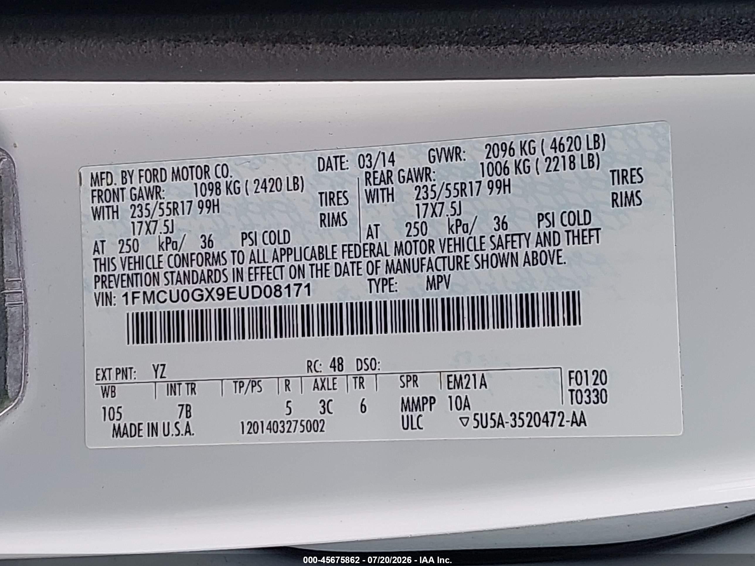 2014 Ford Escape Se White vin: 1FMCU0GX9EUD08171