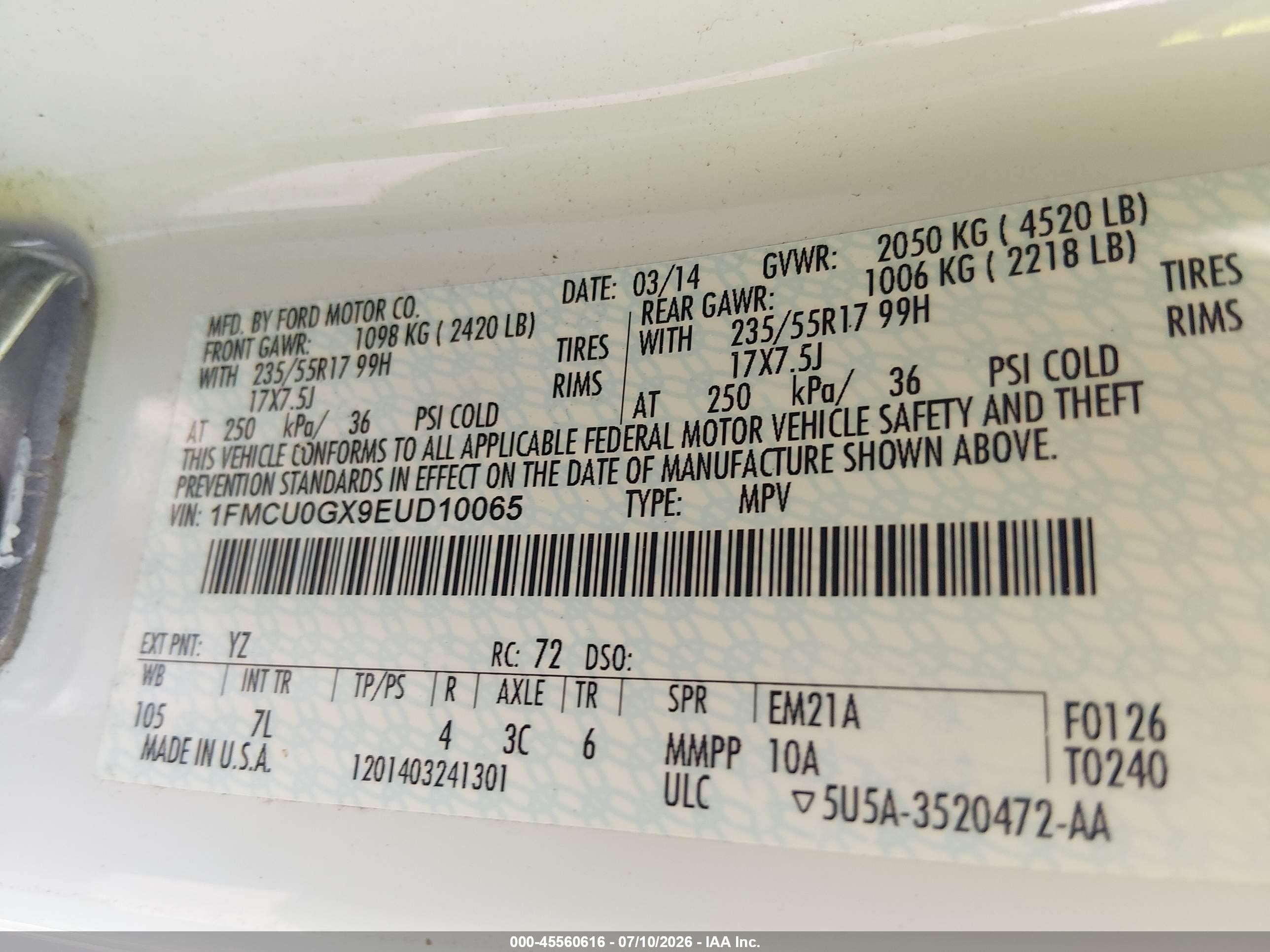 2014 Ford Escape Se White vin: 1FMCU0GX9EUD10065