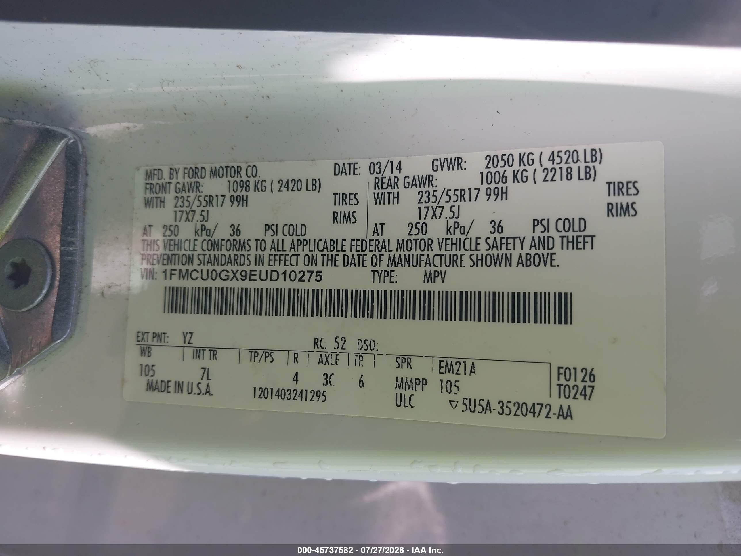 2014 Ford Escape Se White vin: 1FMCU0GX9EUD10275