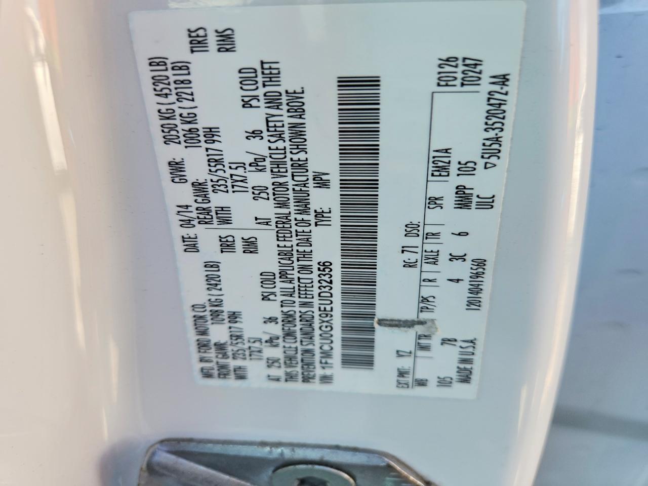 2014 Ford Escape Se White vin: 1FMCU0GX9EUD32356