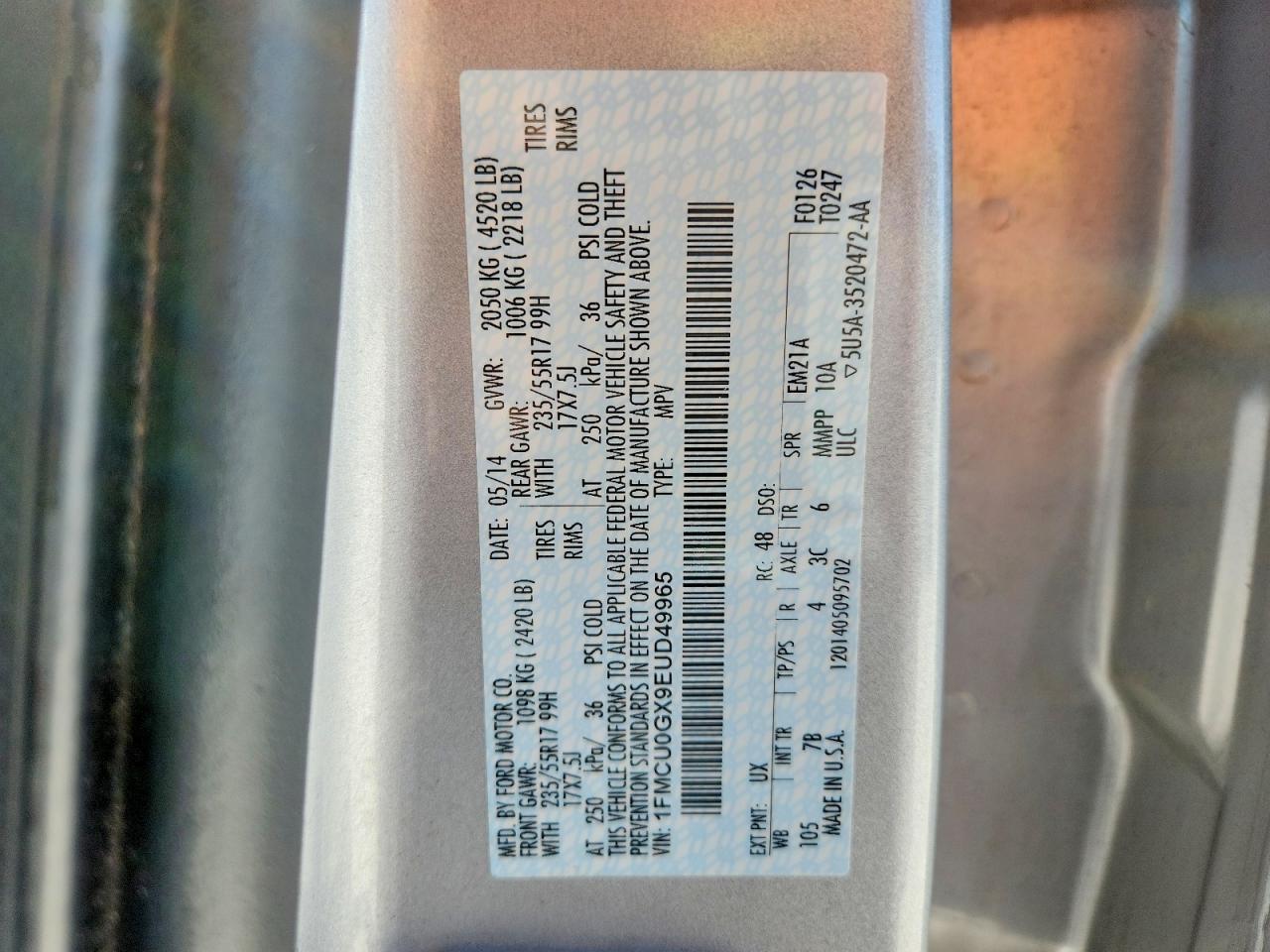 2014 Ford Escape Se Silver vin: 1FMCU0GX9EUD49965