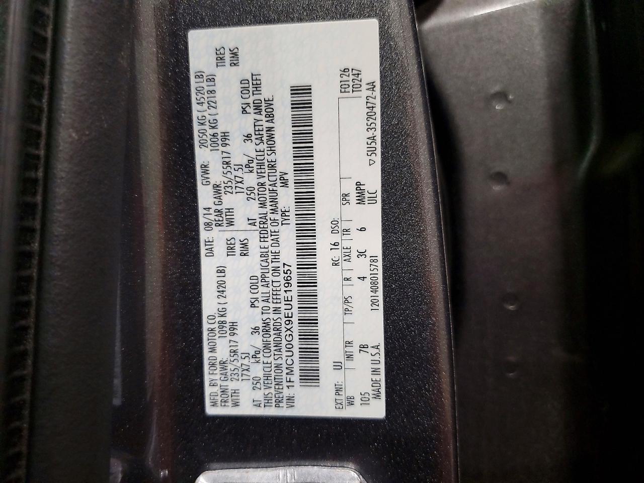 2014 Ford Escape Se Gray vin: 1FMCU0GX9EUE19657
